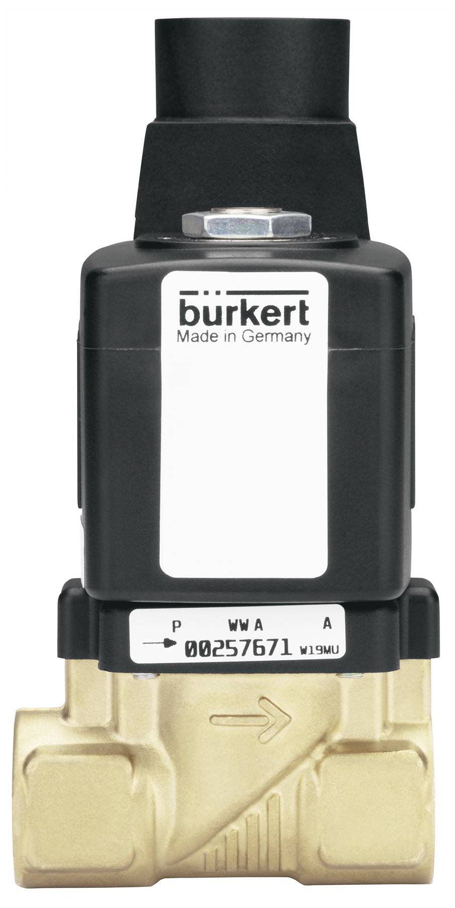 Vanne électromagnétique avec boîtier noir et raccord en laiton. Inscription : 'Bürkert, Made in Germany'. Flèche indiquant le sens de l'écoulement.