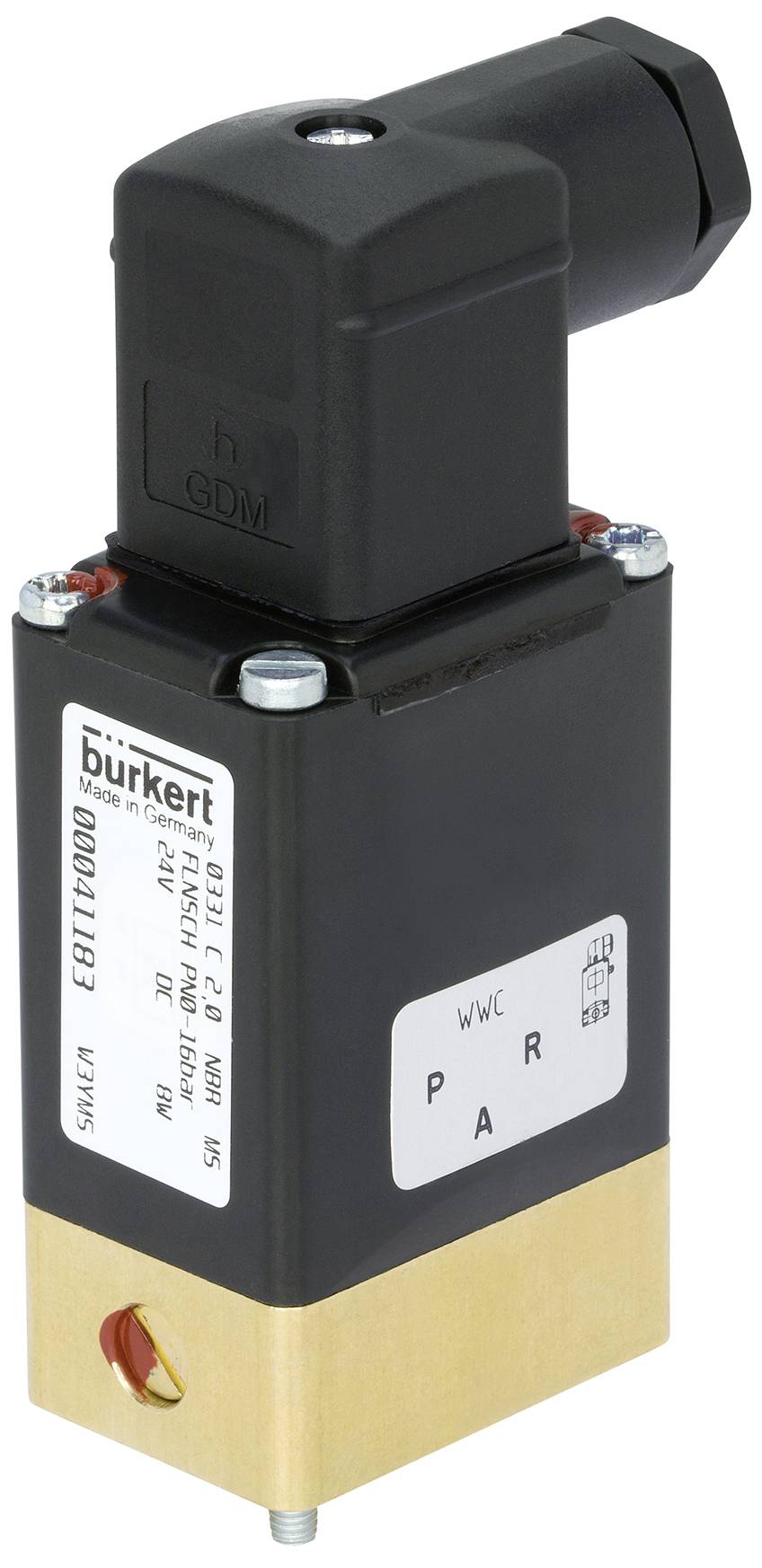 Vanne de Bürkert, modèle : 6011, avec boîtier noir et base dorée. Fonction : contrôle du flux de liquide.
