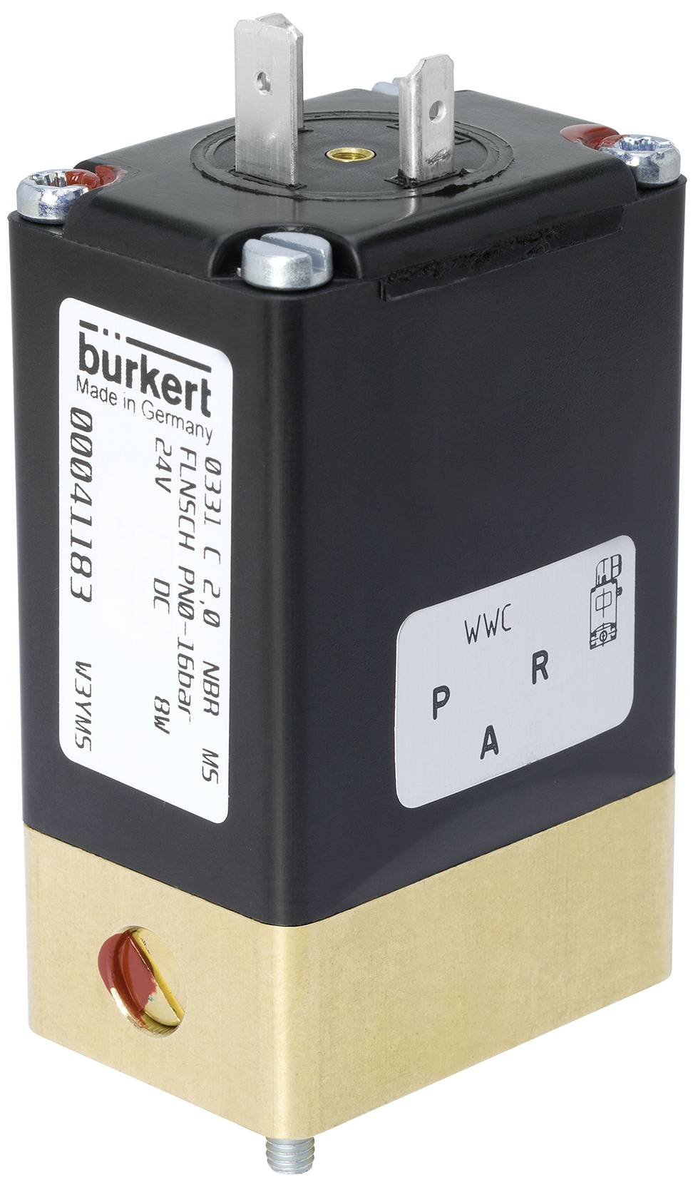 Une vanne noire avec des raccords métalliques et un socle doré. Le nom de marque 'Burkert' et le numéro de série sont visibles en haut.