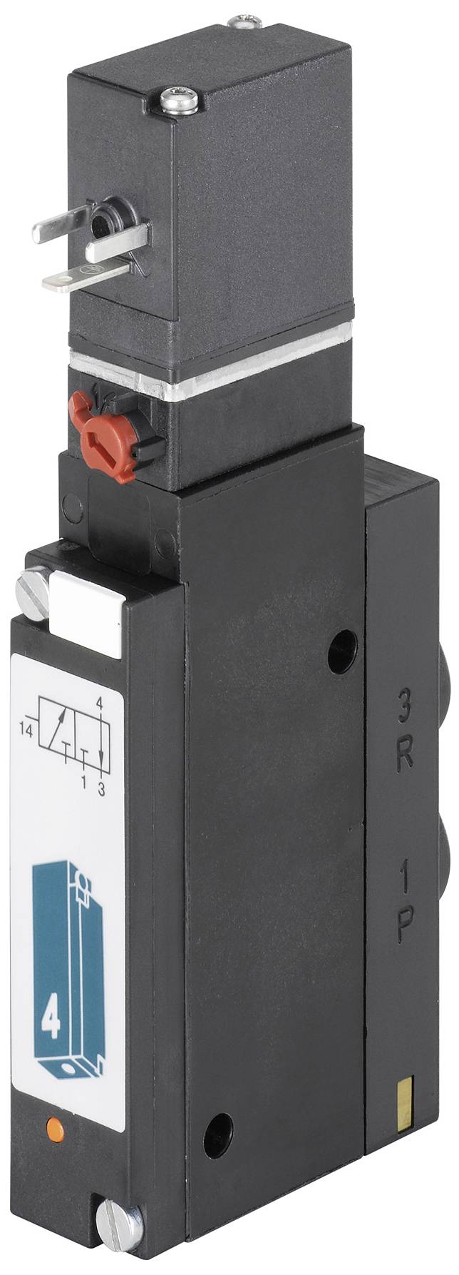 Une vanne électrique noire avec un interrupteur rouge en haut et un diagramme sur la face avant, indiquant une fonctionnalité technique.