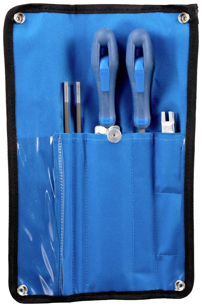 Un étui à outils bleu contenant des pinces, une clé à molette et des tournevis, disposés dans des poches sur un support en tissu.