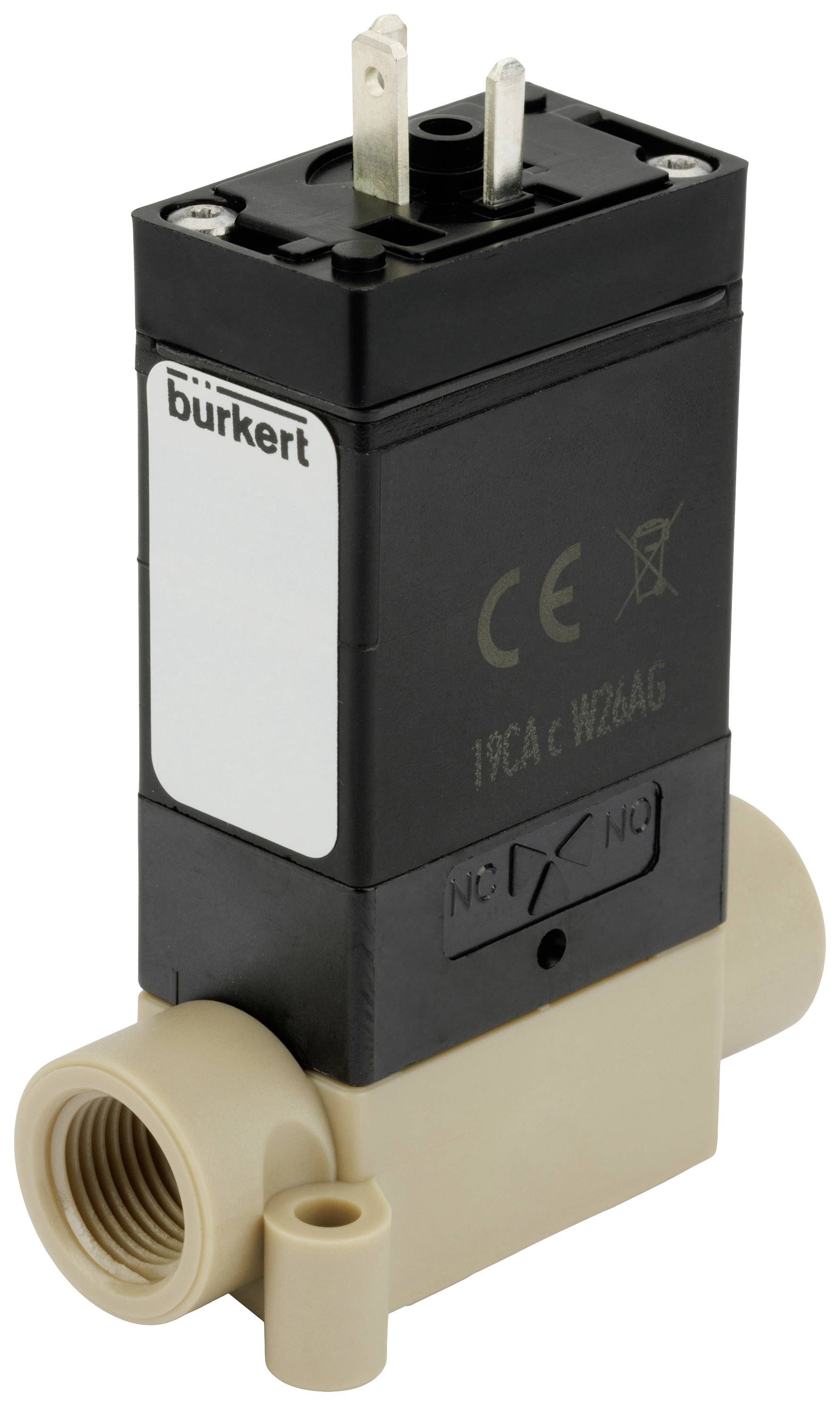 Une électrovanne de Bürkert avec boîtier en plastique et deux broches de connexion, utilisée pour le contrôle des liquides ou des gaz.