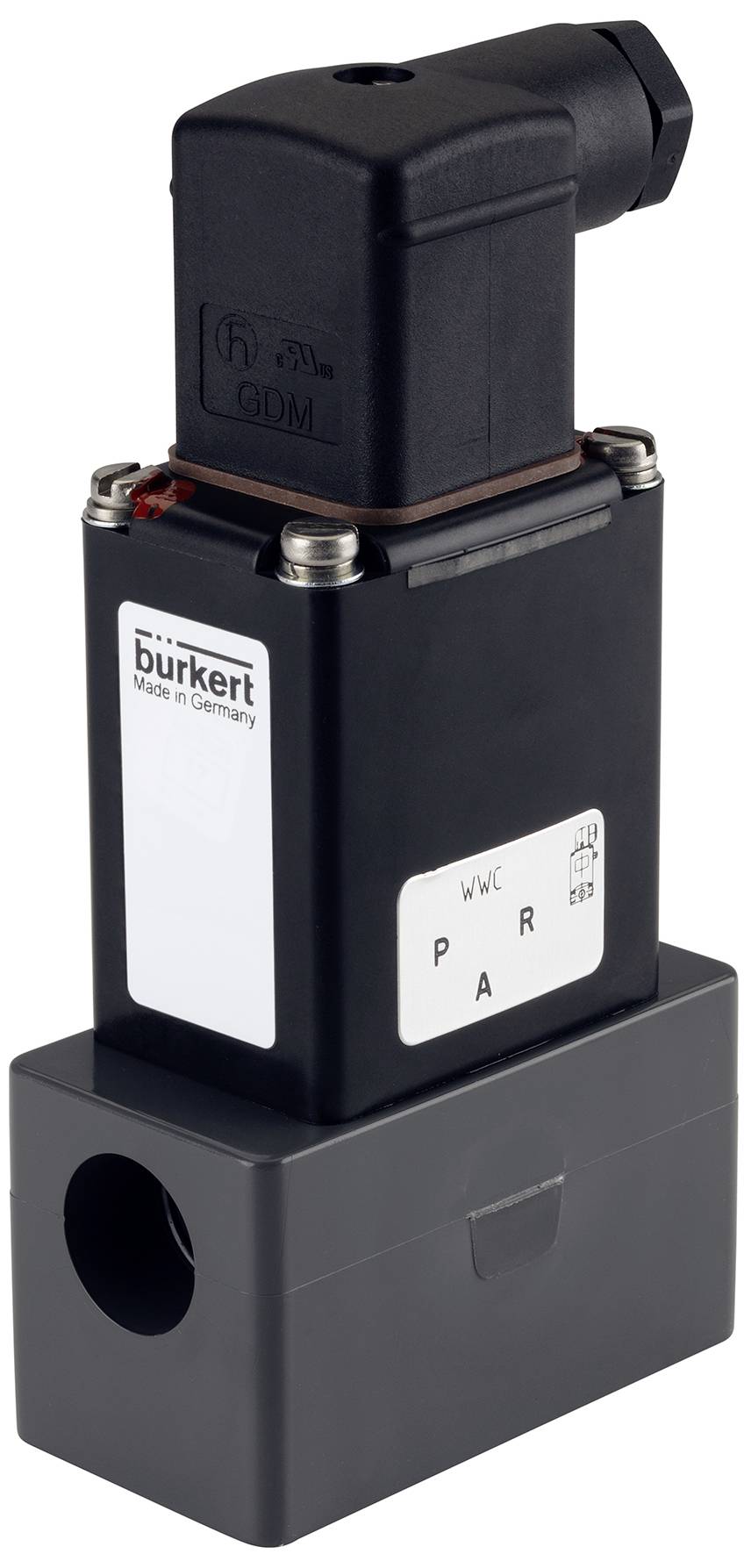 Vanne électronique de Bürkert, rectangulaire avec un boîtier noir et l'inscription 'Made in Germany'. Un raccordement noir en haut.