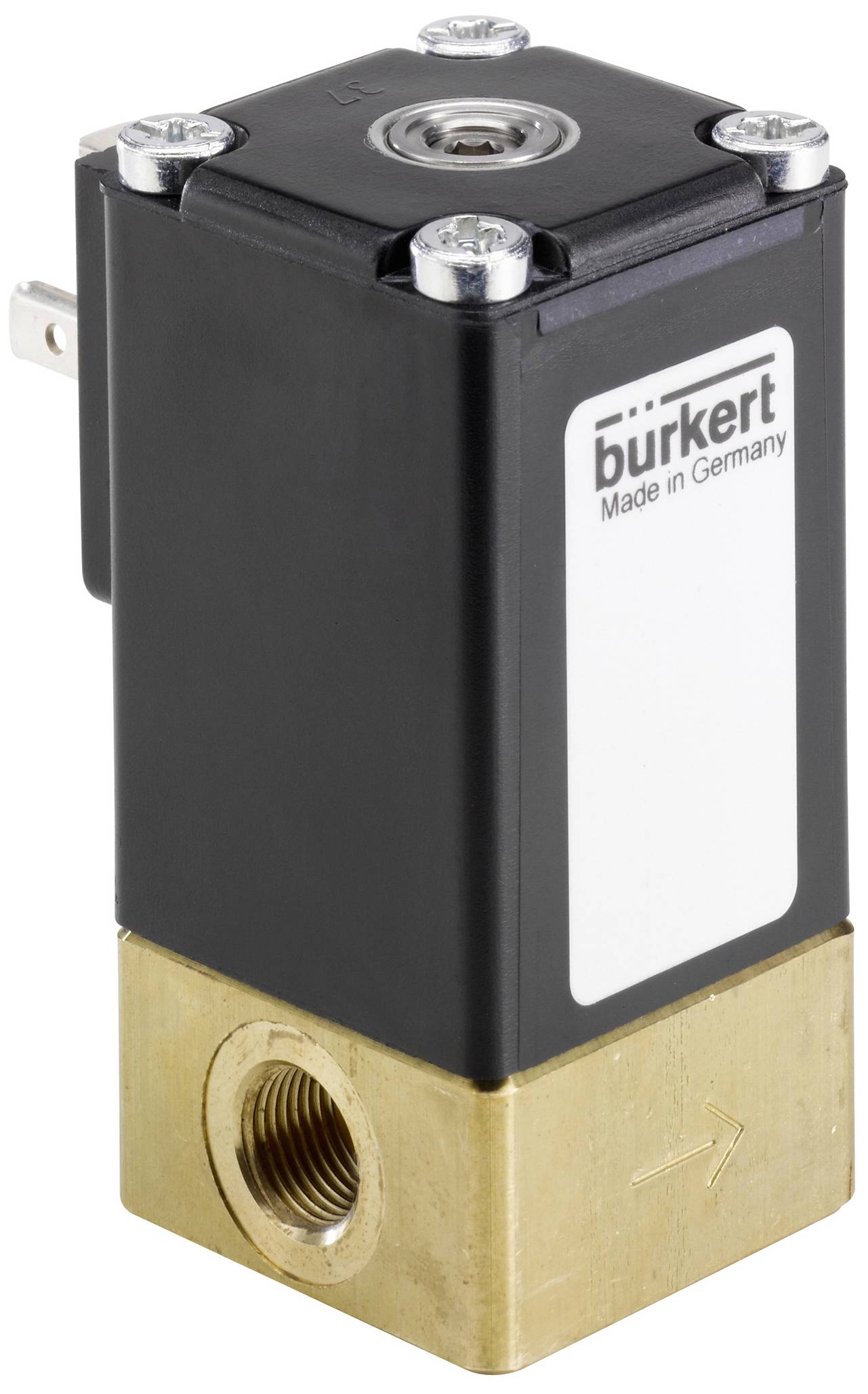 Vanne électromagnétique de Bürkert avec boîtier noir et base métallique dorée, texte 'Made in Germany' visible sur le côté.