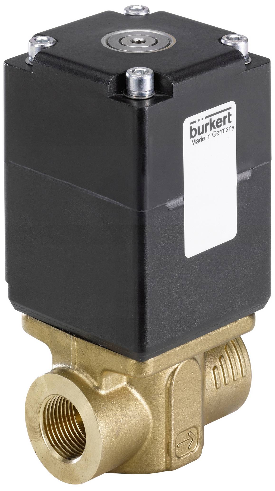 Une électrovanne avec corps métallique et boîtier noir, fabriquée en Allemagne par 'Bürkert'.