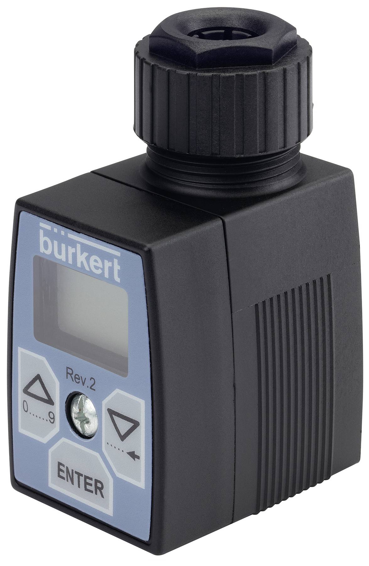 Un appareil électronique noir avec un écran et des touches bleues. Il affiche 'burkert' en haut à gauche et comporte des touches 'ENTER' et 'Rev. 2'.