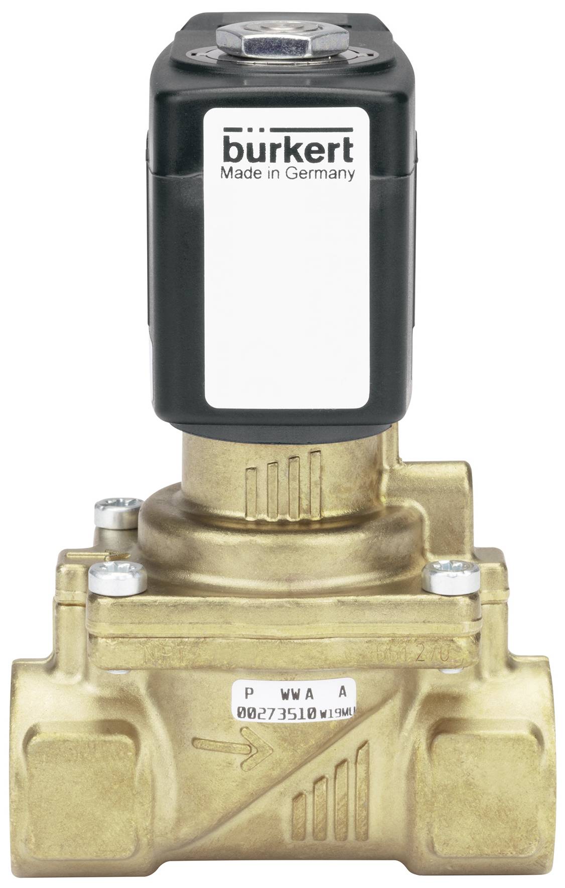 Vanne magnétique en laiton de la marque Bürkert, portant l'inscription 'Made in Germany' sur la tête de commande noire. Vanne adaptée aux applications industrielles.