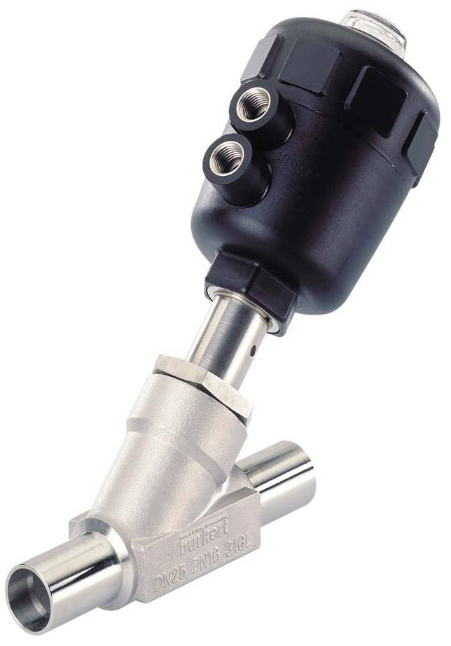 Vanne en acier inoxydable et plastique, siège incliné, deux ouvertures de connexion. Utilisée pour le contrôle des liquides ou des gaz.