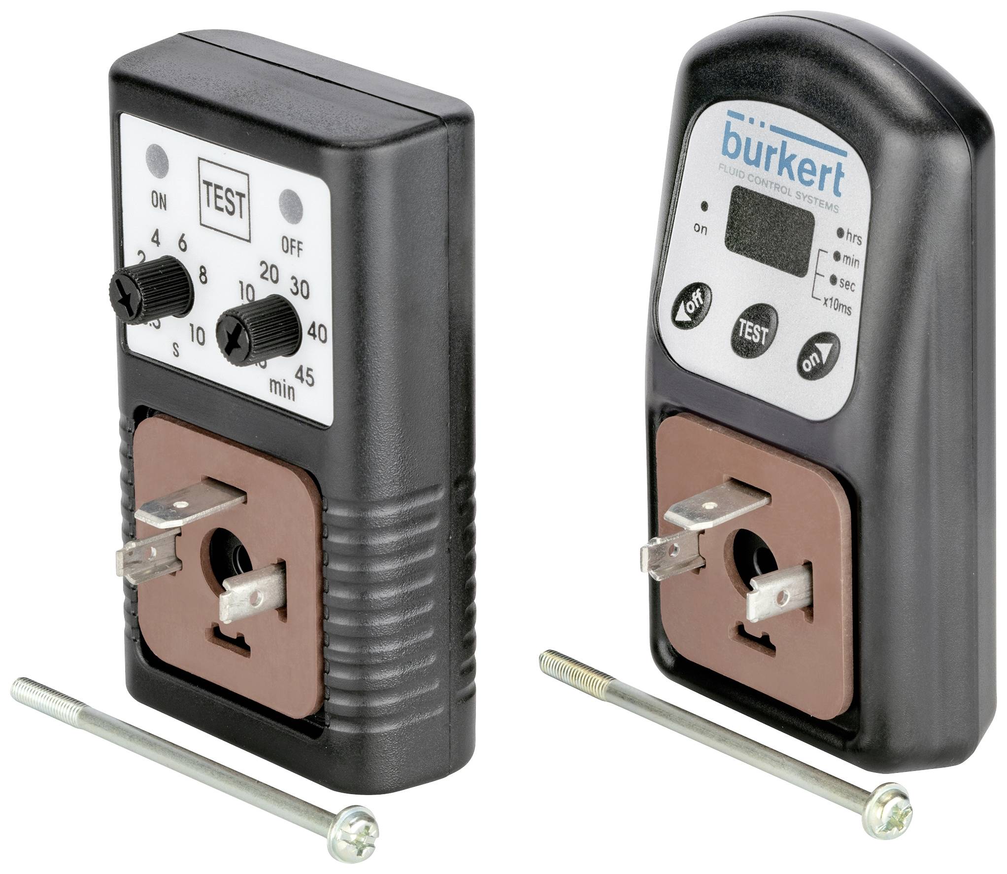 Deux dispositifs électroniques de commande avec boutons rotatifs, touches et affichages intégrés, indiquant les paramètres et le statut pour le contrôle temporel.
