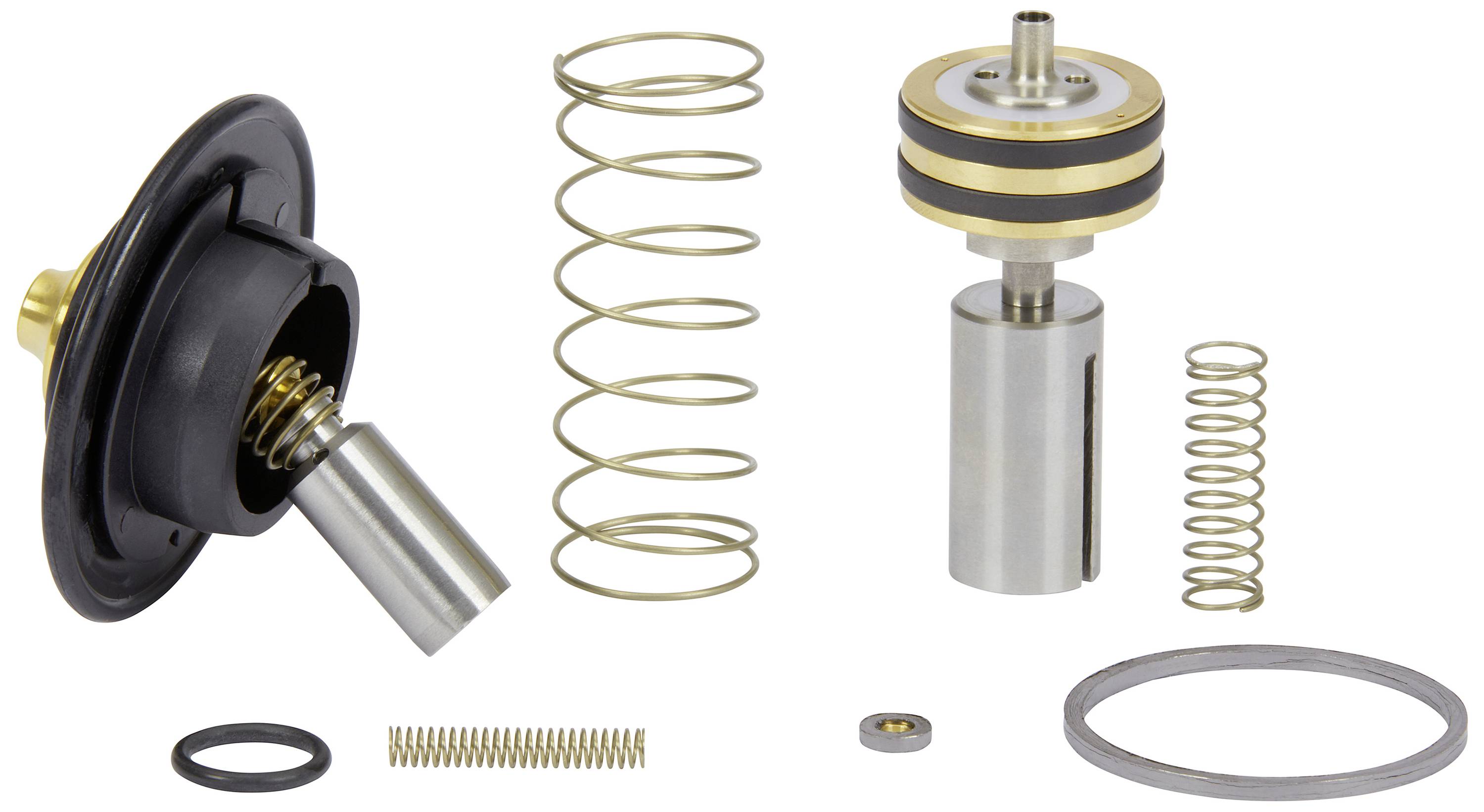 Composant de régulateur de pression décomposé avec ressort, diaphragme, piston et joints d'étanchéité, réparti sur un fond blanc.