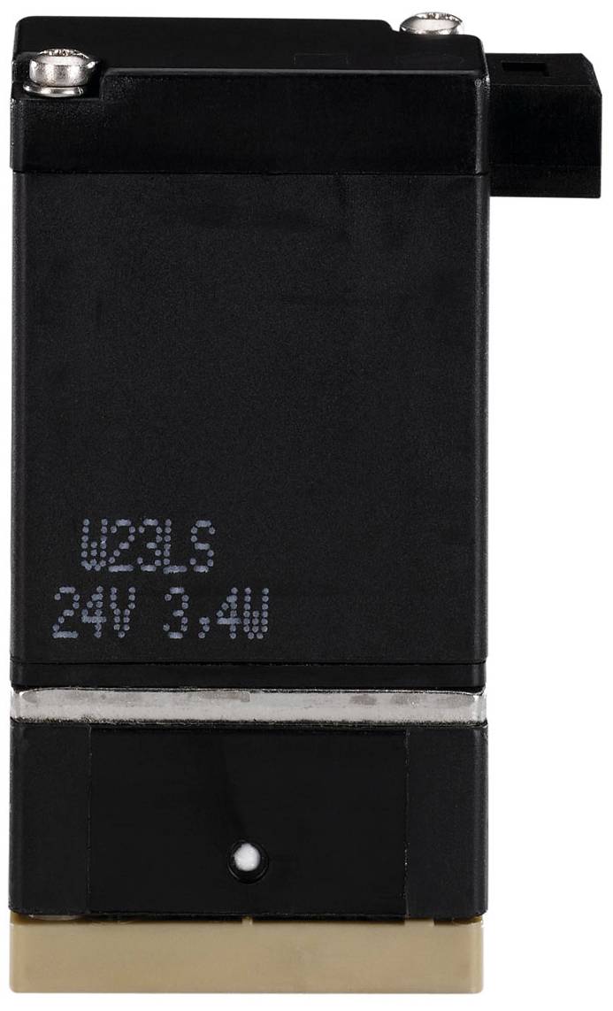 Électrovanne noire avec inscription 'W23LS 24V 3.4W'. Elle sert à contrôler les flux de liquides ou de gaz.