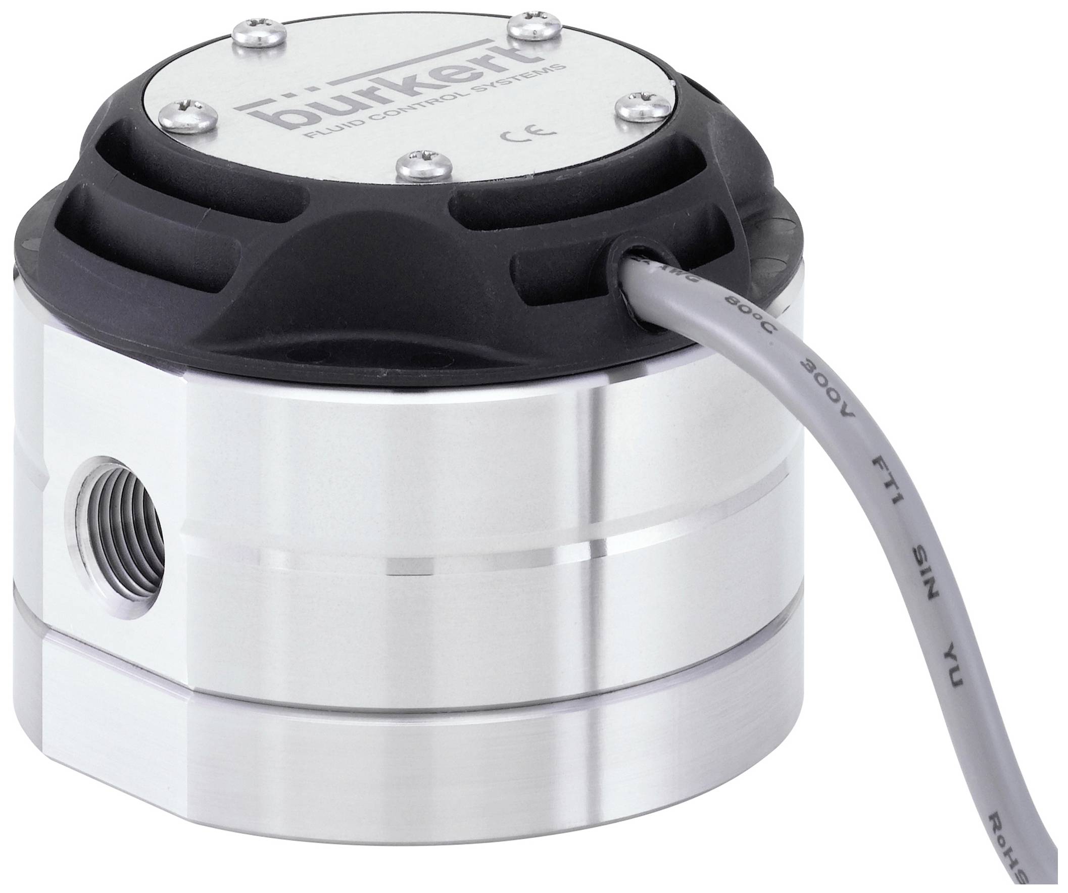 Un capteur compact de Bürkert pour le contrôle du débit, avec boîtier métallique et câble intégré, adapté aux applications industrielles.