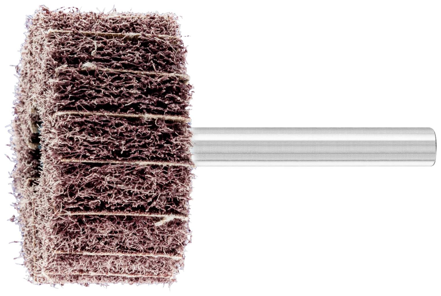 Une brosse abrasive marron avec un long manche en métal, adaptée aux polisseuses ou machines à poncer, sur un fond blanc.