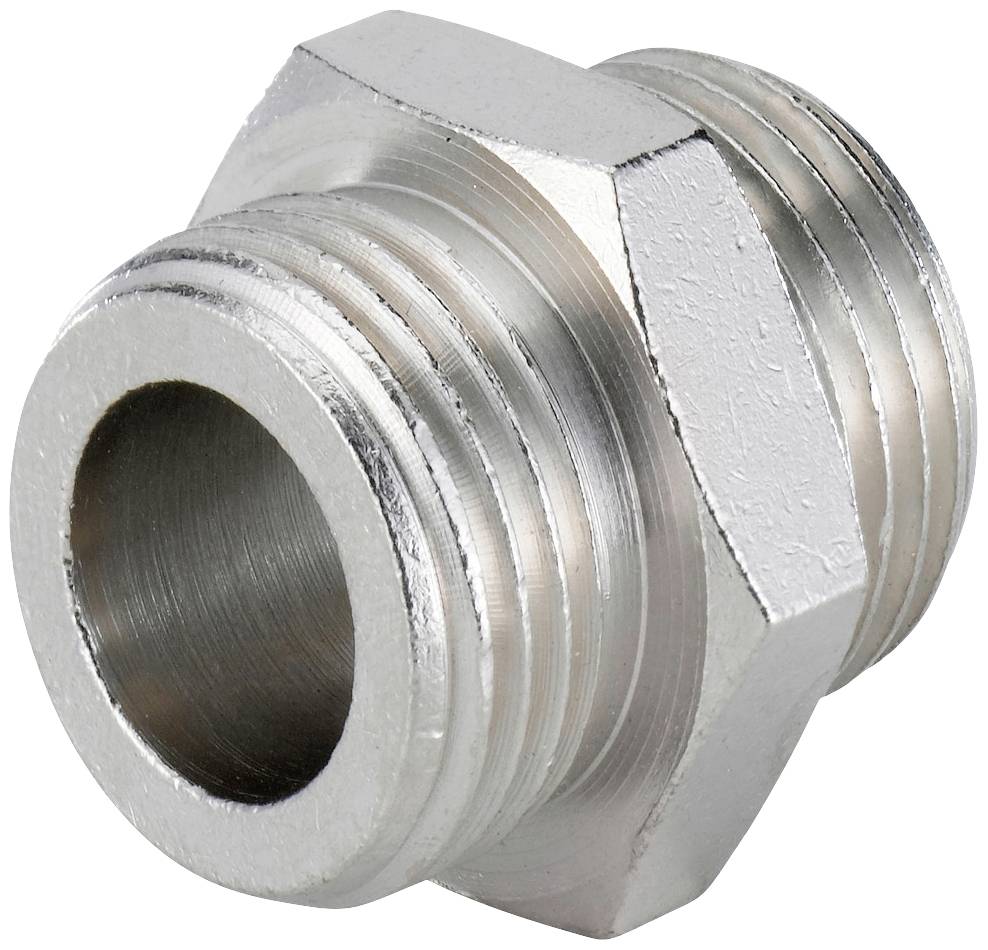 Metalladapter mit Außengewinde, zylindrische Form, silberne Farbe, für Rohrverbindungen eingesetzt.
