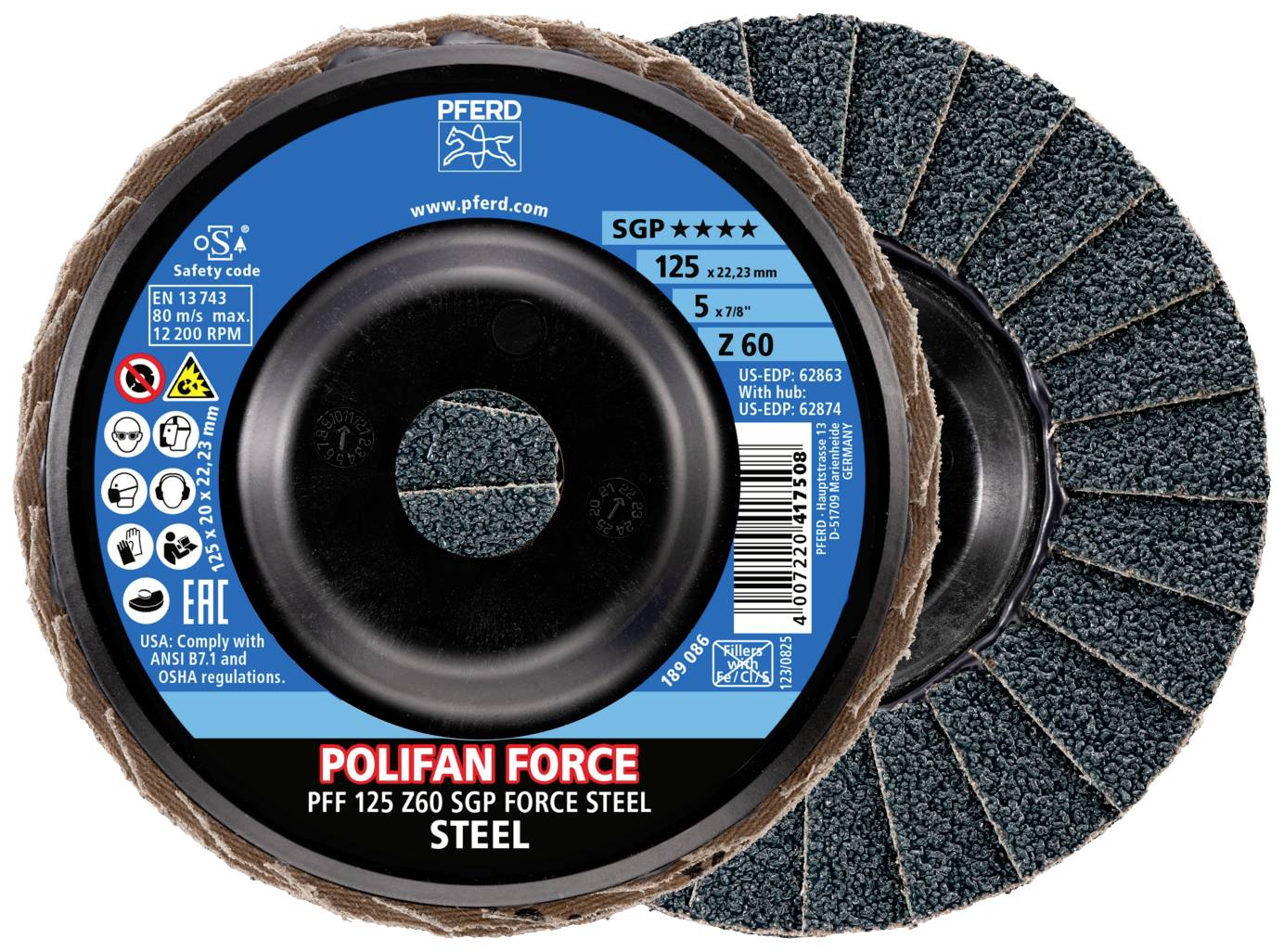 'POLIFAN FORCE' Disque abrasif pour acier, diamètre 125 mm, grain Z60, vitesse maximale 12.200 tr/min, technologie SGP pour haute performance.