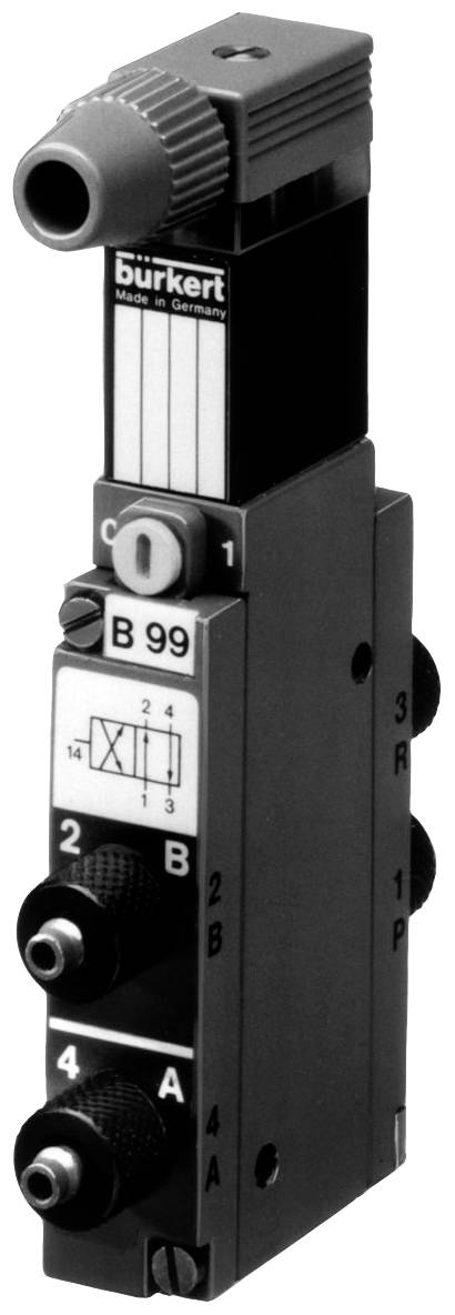 Une vanne électromagnétique Bürkert, modèle B 99, avec plusieurs raccordements et un connecteur en haut, représentée en noir et blanc.