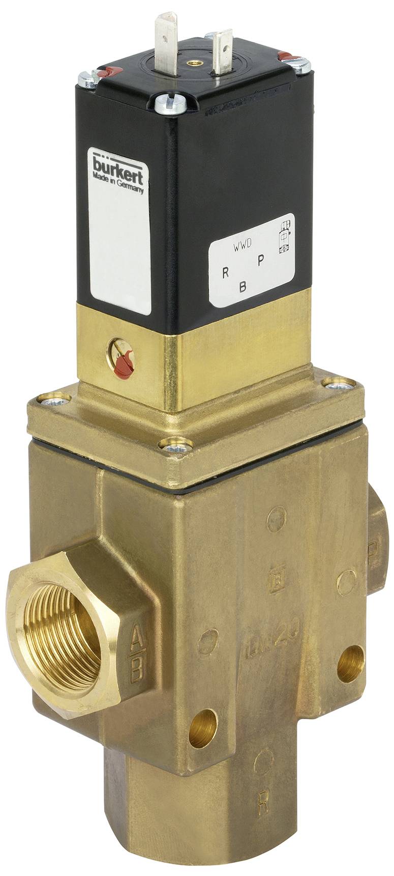 Électrovanne électromagnétique en laiton avec boîtier noir en haut et deux raccordements. Adapté aux applications industrielles.