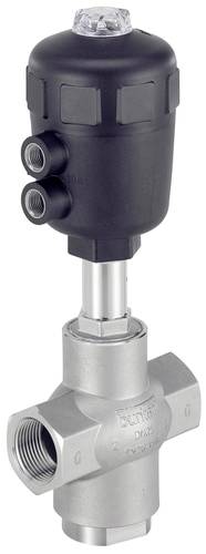 Un robinet en acier inoxydable à tête noire, adapté aux applications industrielles, présente deux raccordements latéraux et une ouverture de commande supérieure.