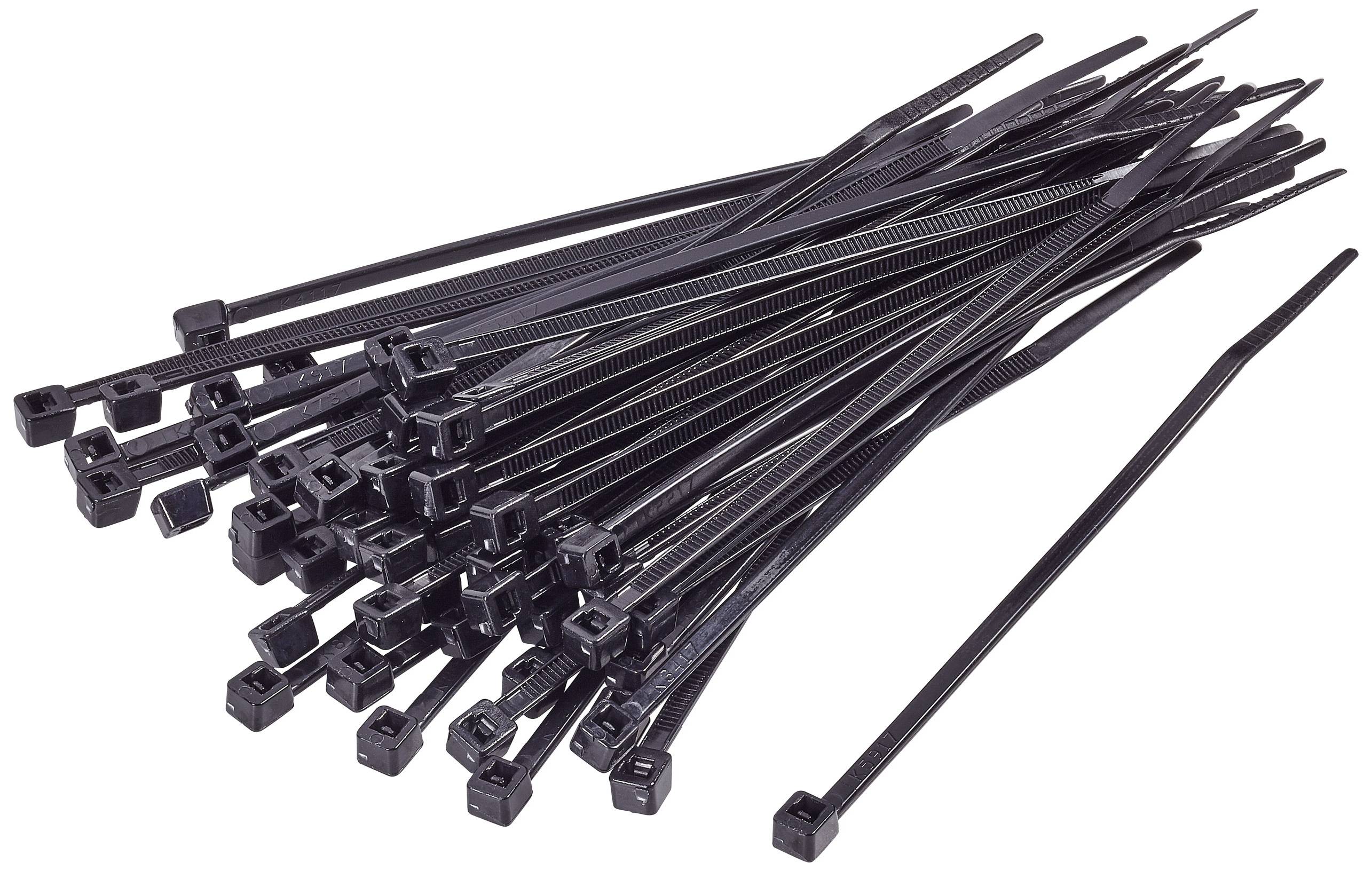 Plusieurs colliers de serrage noirs empilés les uns sur les autres. Ils sont de longueurs différentes et possèdent des têtes de verrouillage carrées.