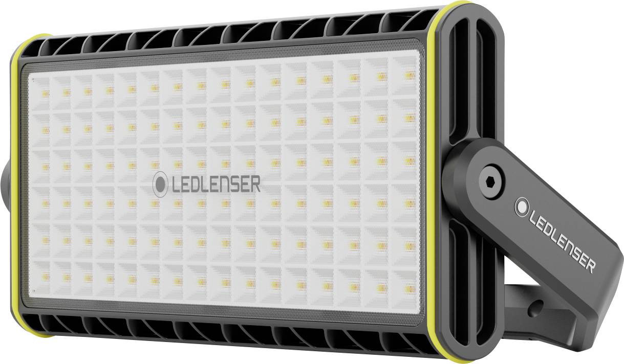 Lampe LED rectangulaire avec de nombreux petits points lumineux, cadre noir robuste et poignée rabattable. Marquée 'Ledlenser'.