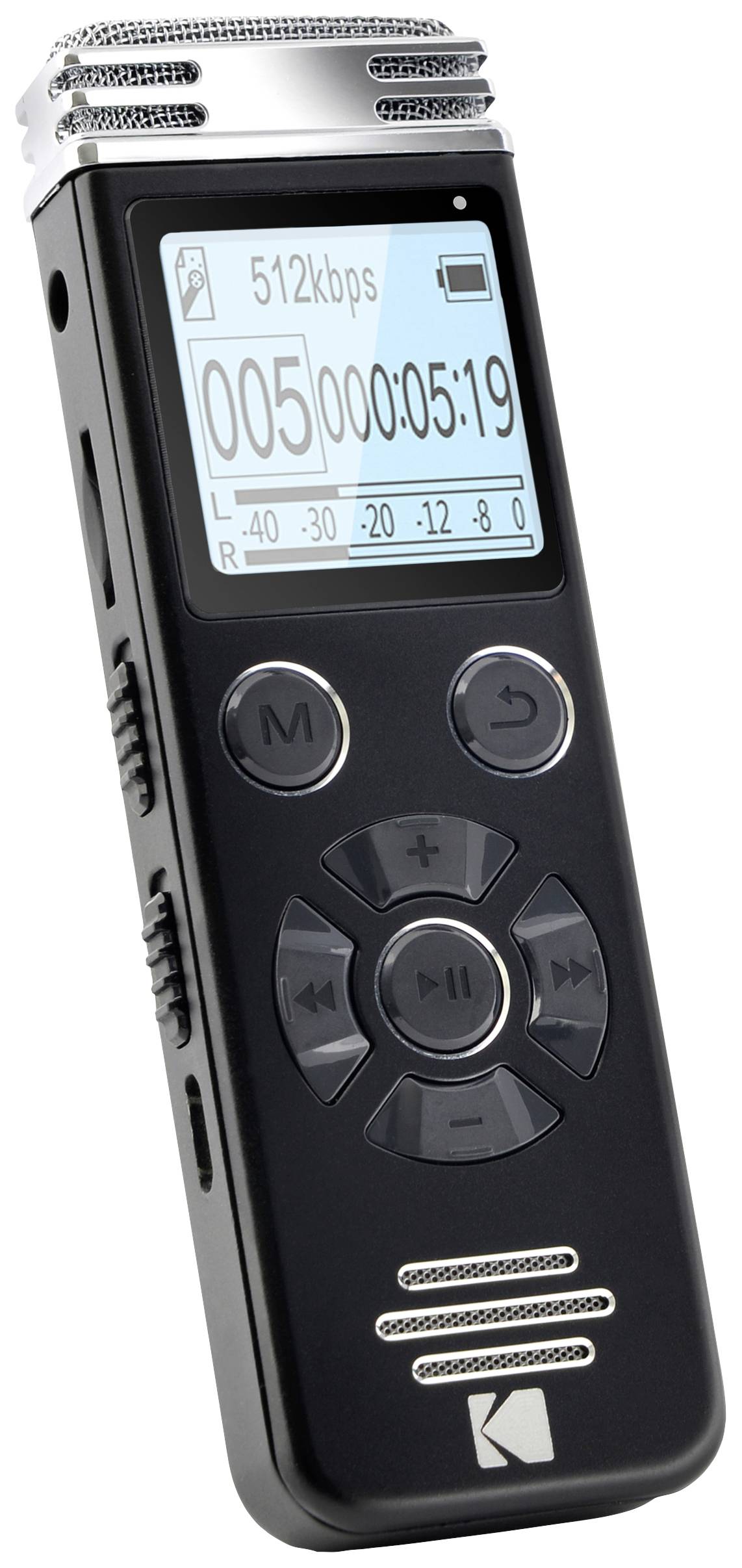 Enregistreur audio numérique noir avec écran affichant le temps d'enregistrement et la qualité. Boutons de contrôle de l'enregistrement situés sur la face avant.