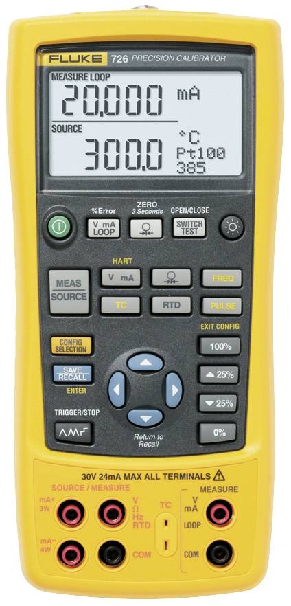 Un appareil de calibrage de précision jaune affiche sur un écran '20,000 mA' et '300,0 °C'. Il dispose de nombreuses touches pour le contrôle de l'appareil.