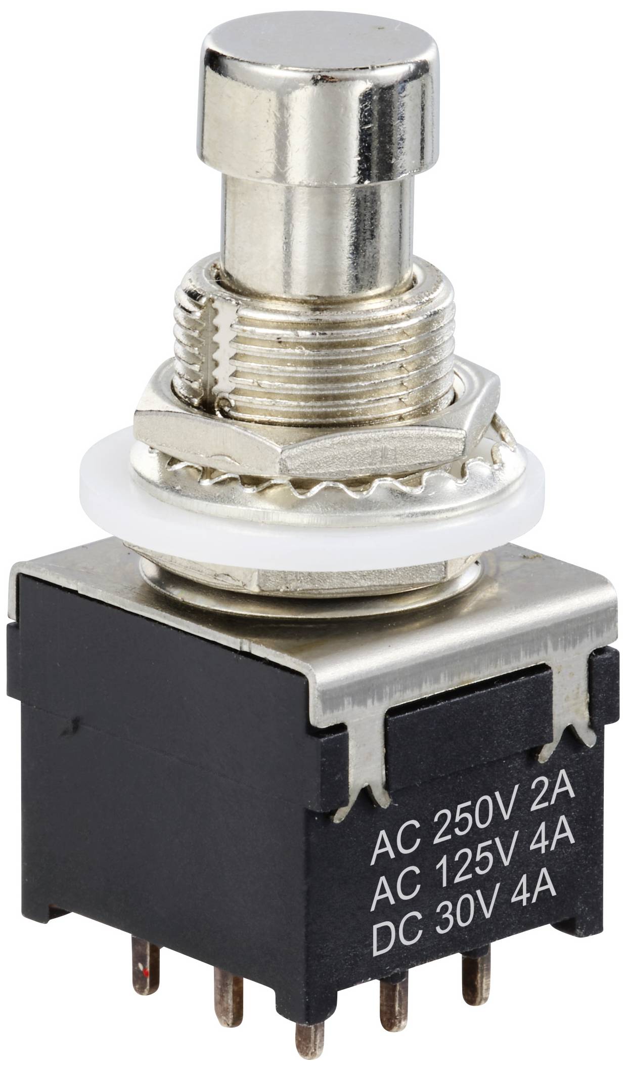 Un bouton-poussoir argenté en métal avec des indications de spécifications électriques : 250V CA 2A, 125V CA 4A, 30V CC 4A.