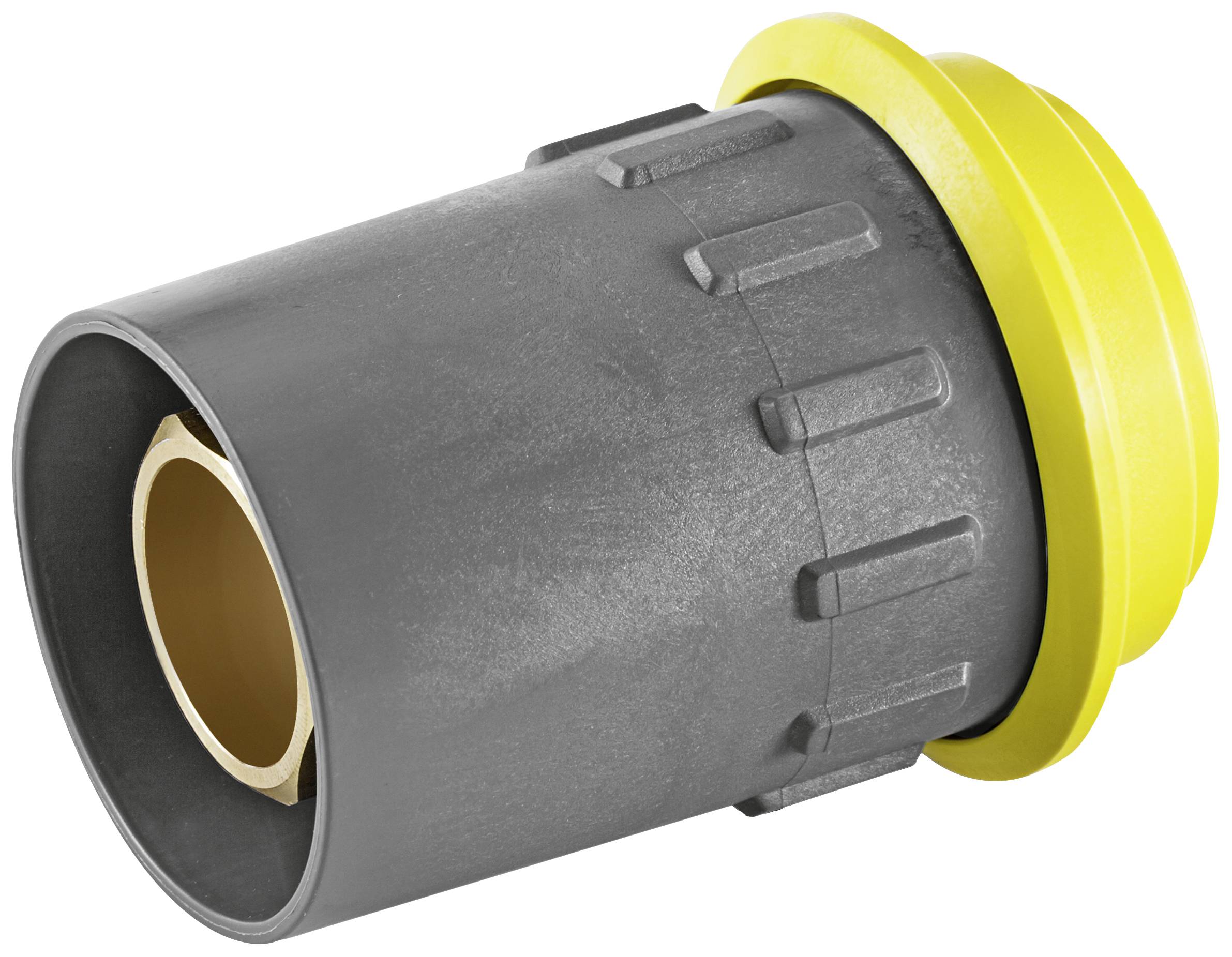 Une pièce en plastique grise avec un bord jaune, ressemblant à un adaptateur de tuyau ou à un raccord.