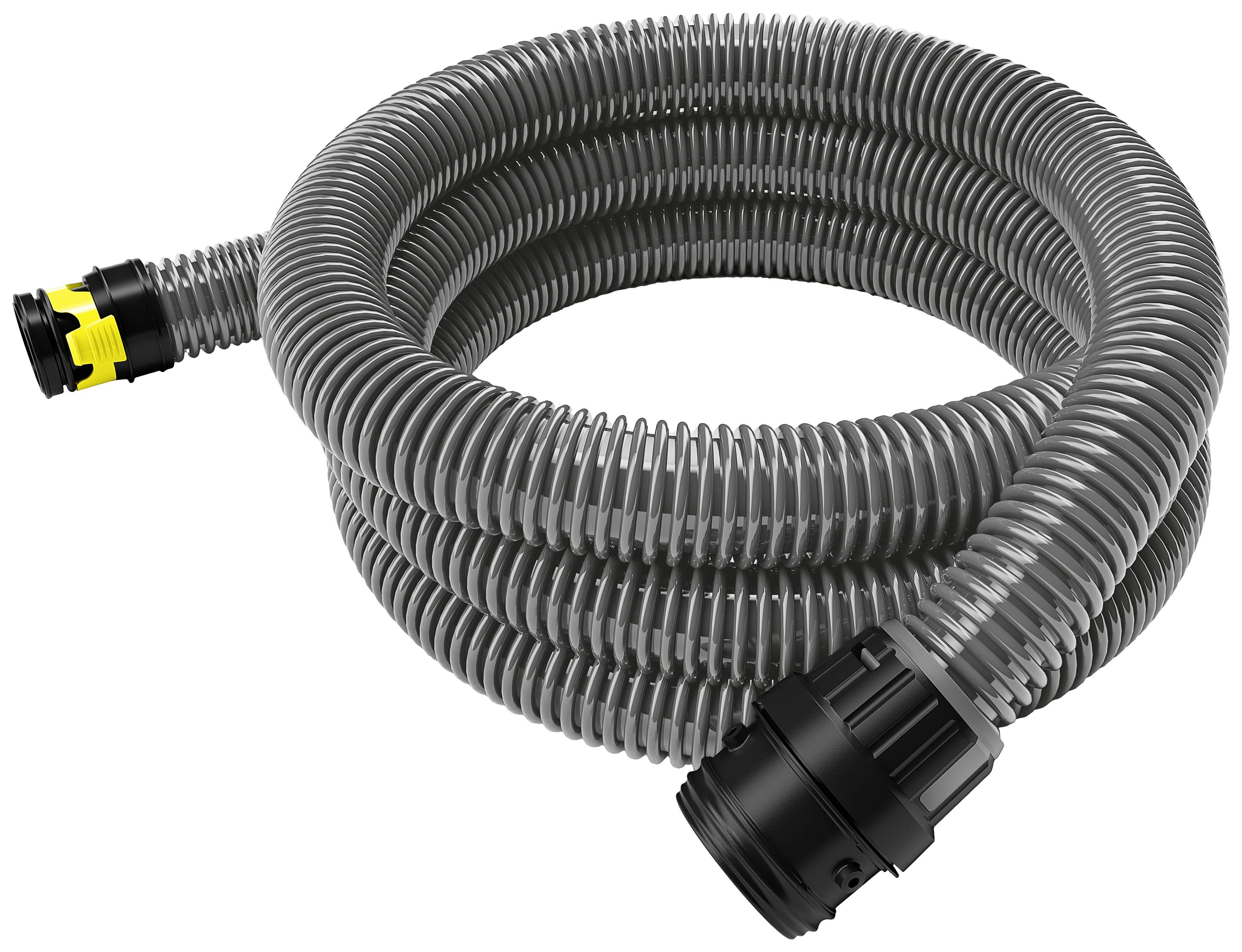 Tuyau flexible gris avec deux raccords à ses extrémités, adapté pour les conduites d'eau ou d'air dans des applications industrielles.