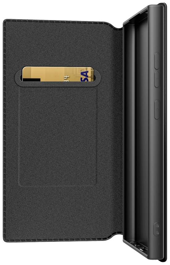 Étui de téléphone noir en cuir avec compartiment intérieur pour cartes. Une carte de crédit est visible dans le compartiment.