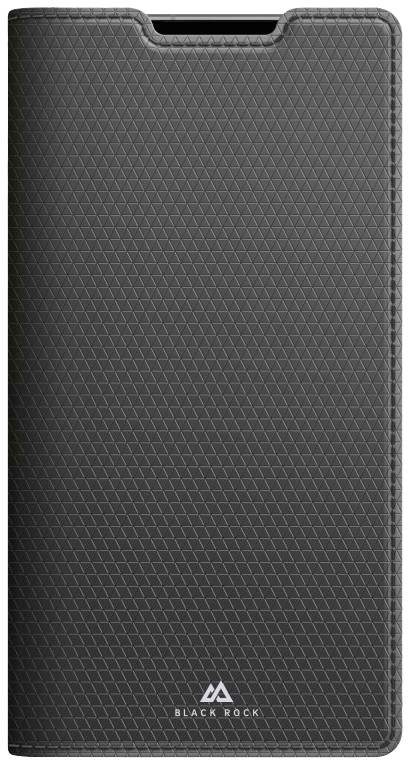 Coque de téléphone noir en similicuir avec des motifs géométriques délicats, rabat ouvert verticalement, logo 'Black Rock' en bas.
