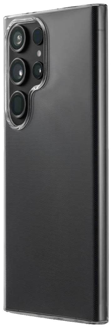 Smartphone noir avec plusieurs objectifs à l'arrière, étui de protection en matériau transparent, orientation verticale.