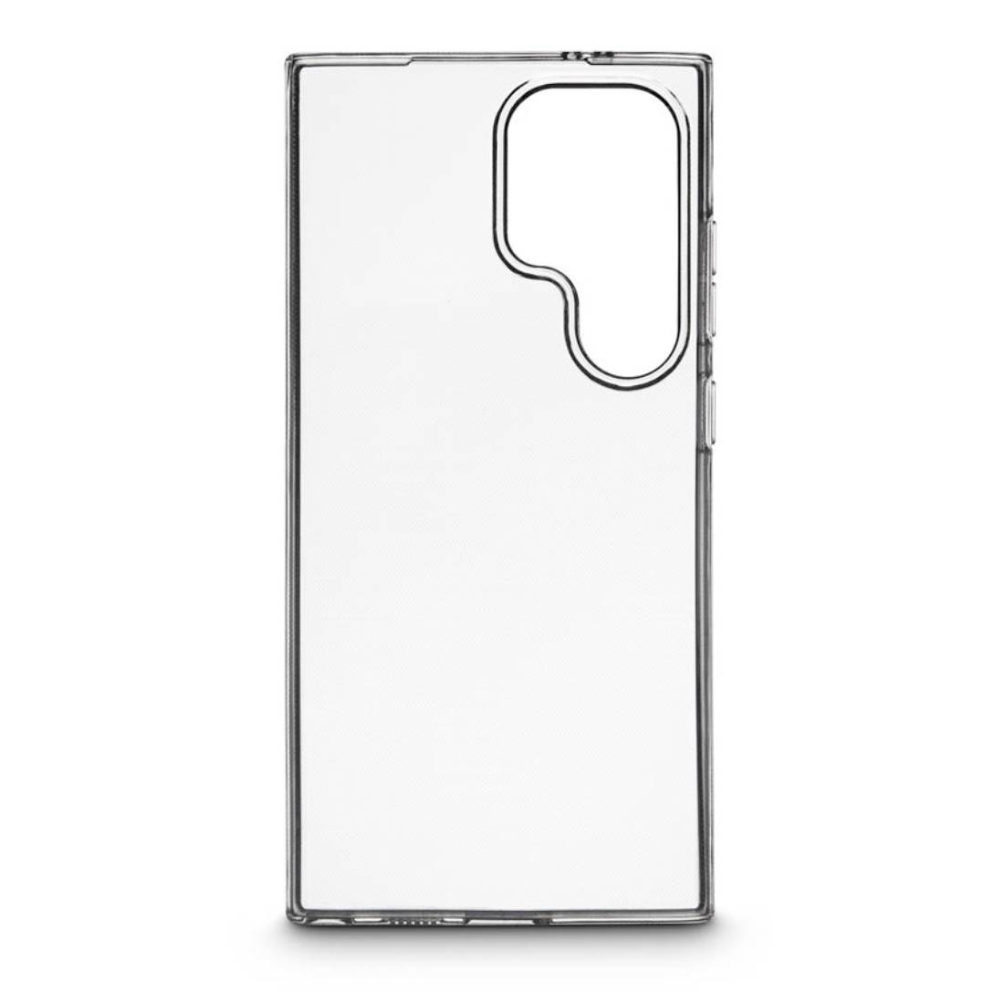 Étui de smartphone transparent de forme rectangulaire avec découpe pour caméra, flexible et au design minimaliste.