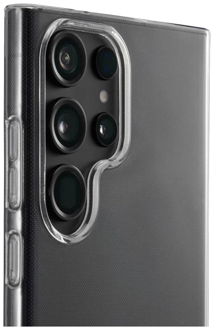 Un smartphone noir avec une coque transparente, mettant l'accent sur les quatre objectifs de caméra à l'arrière de l'appareil.