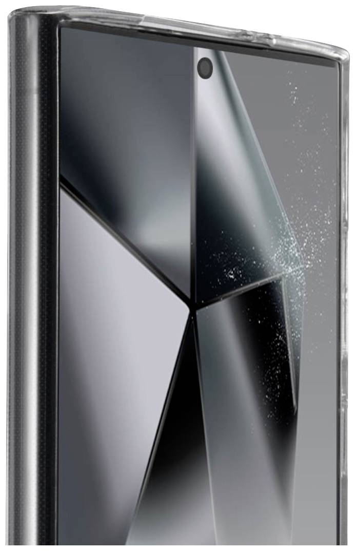 Gros plan d'un smartphone avec un design géométrique à l'écran et un effet enfumé. L'appareil est doté d'un boîtier.