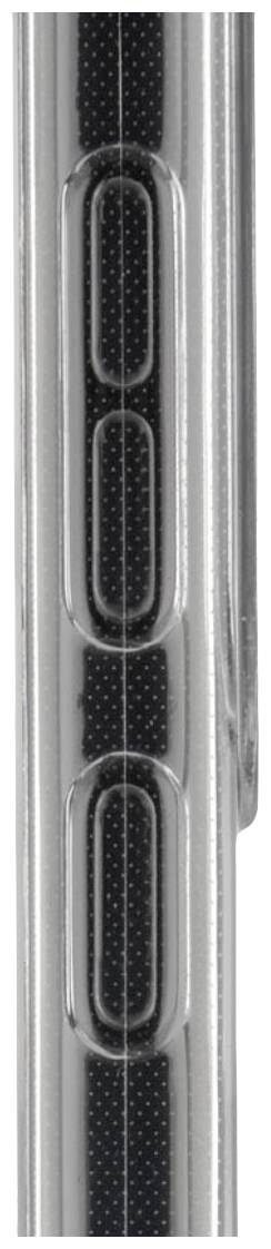 Gros plan sur les boutons latéraux d'un smartphone dans un boîtier argenté.