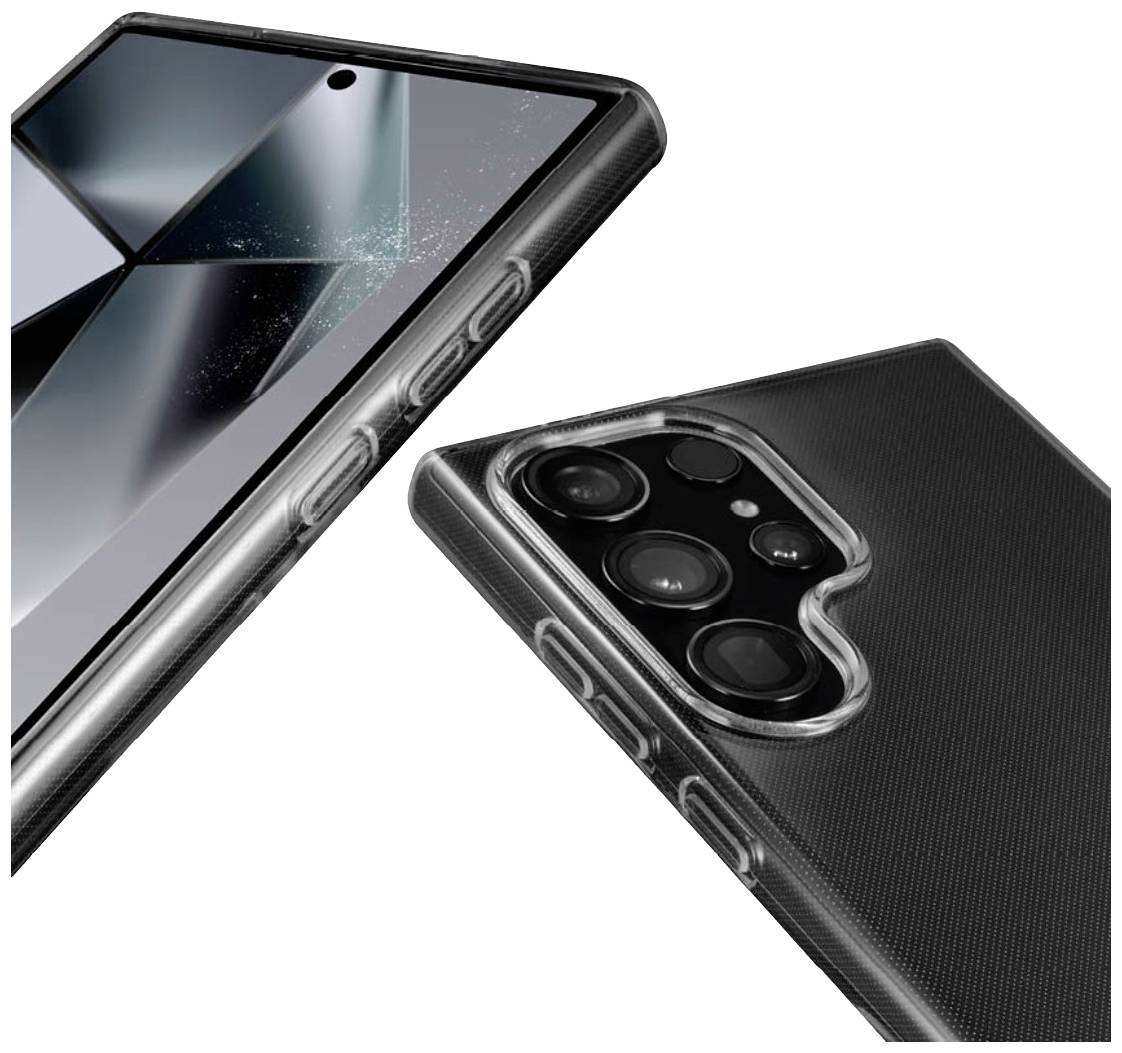 Étui de protection transparent avec motif noir pour smartphone. Montre l'découpe pour la caméra et la vue de l'écran.