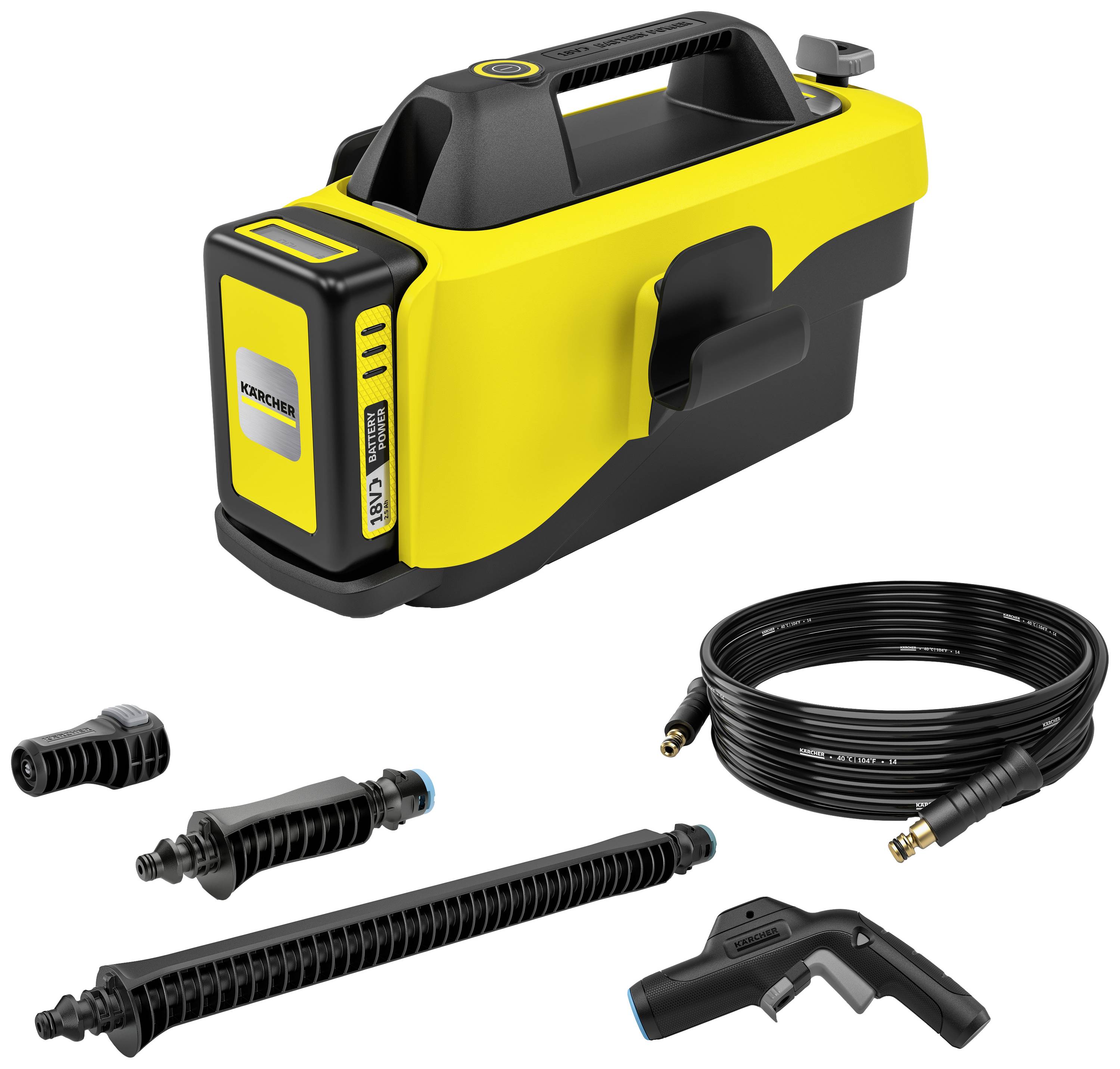 Nettoyeur haute pression portable jaune avec accessoires : tuyau, pistolet et buses. Adapté à divers travaux de nettoyage.