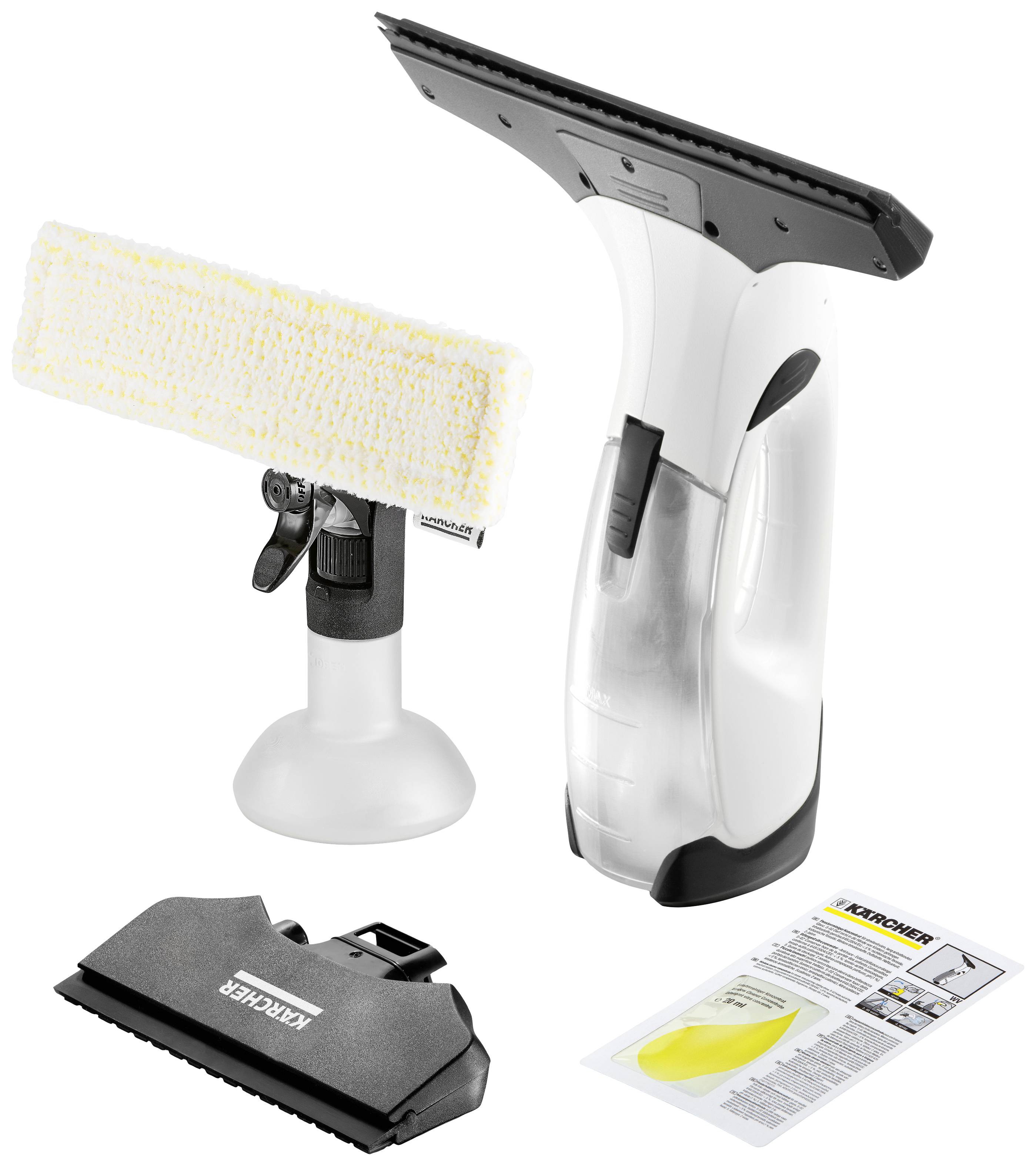 Un nettoyant de fenêtres blanc avec un vaporisateur, deux embouts de nettoyage différents et un mode d'emploi sur un fond blanc.