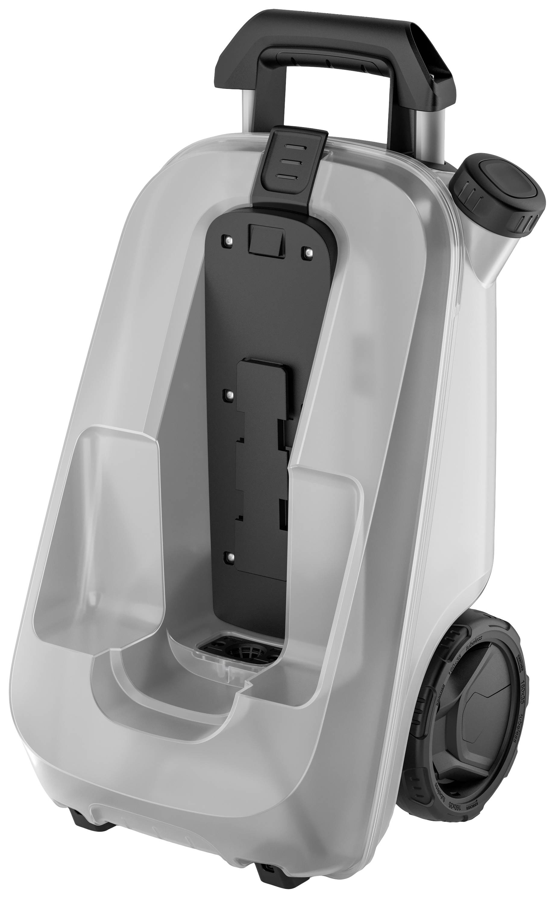 Un bidon d'eau transparent avec des roues et un bec verseur. Il est équipé d'un couvercle noir pour un remplissage et un transport faciles.