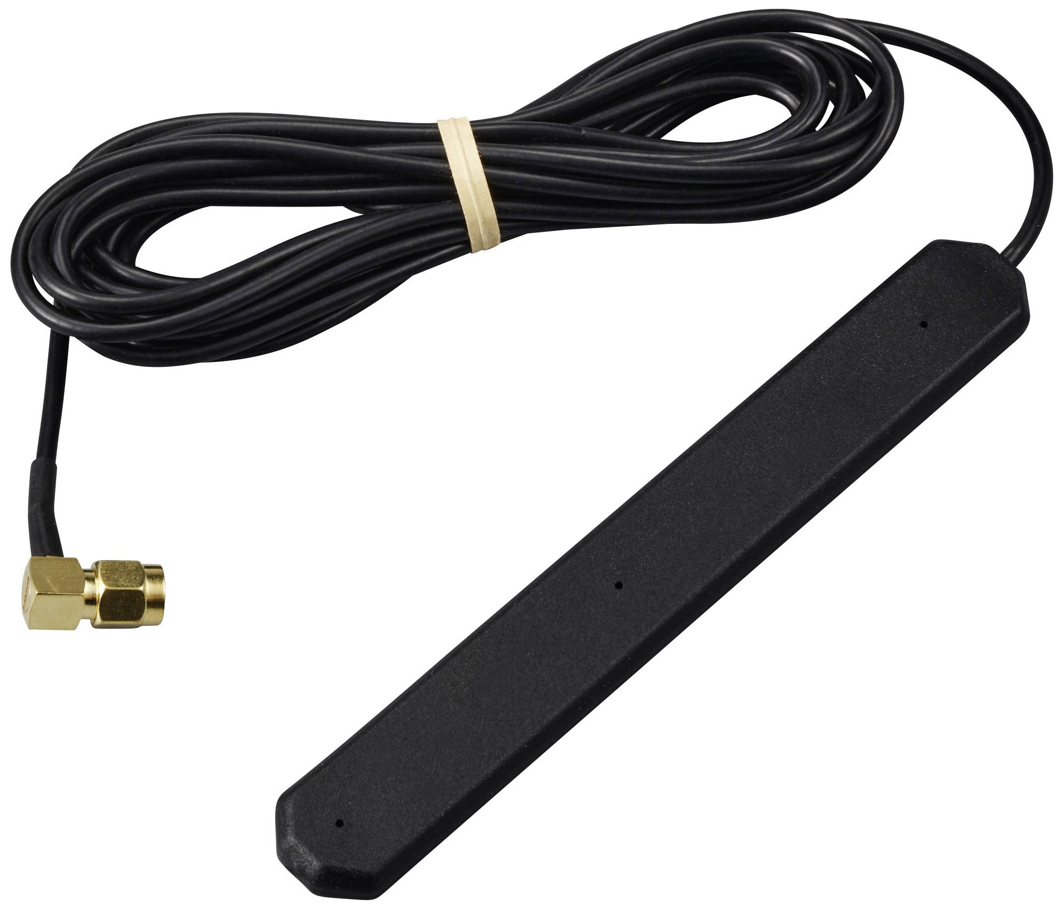 Antenne noire, plate, avec un long câble et une fiche dorée, adaptée pour la connexion à des appareils techniques.
