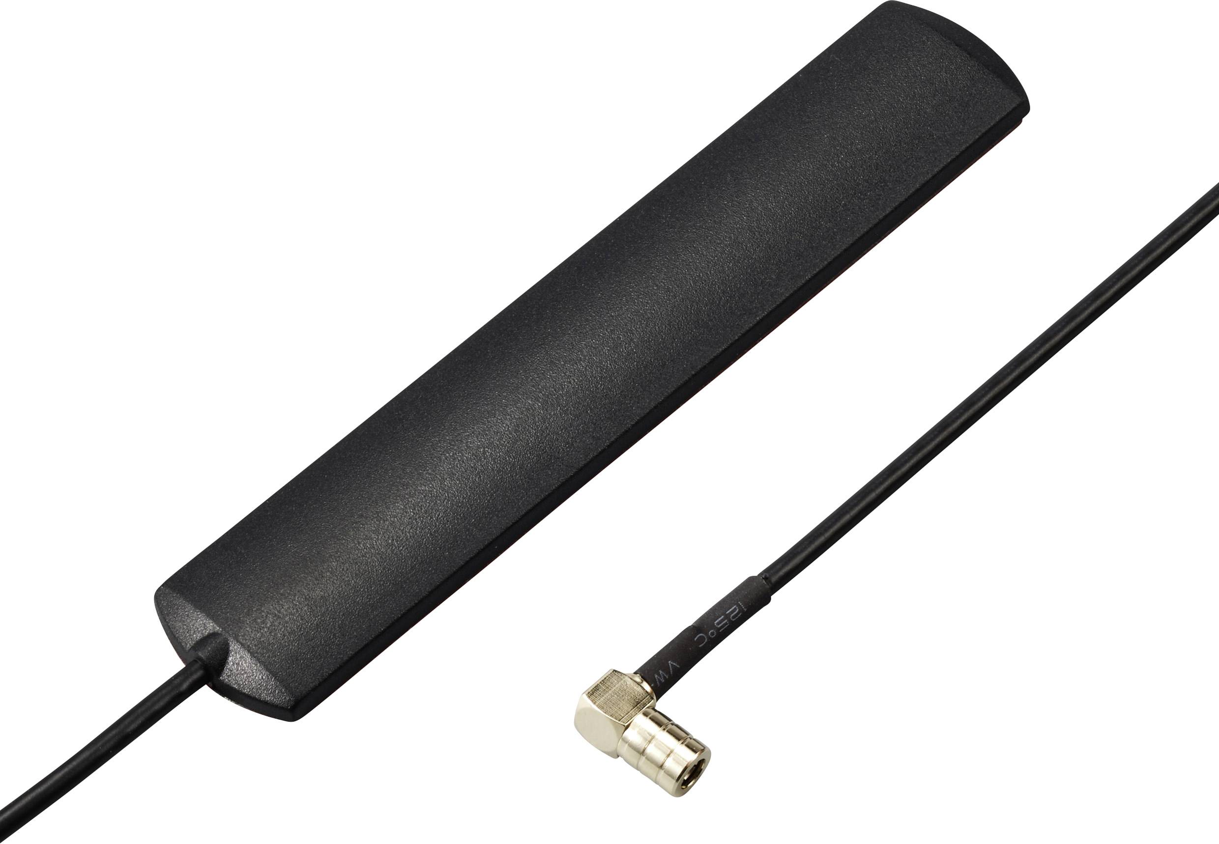 Antenne noire à tige avec câble coaxial raccordé et fiche coudée.