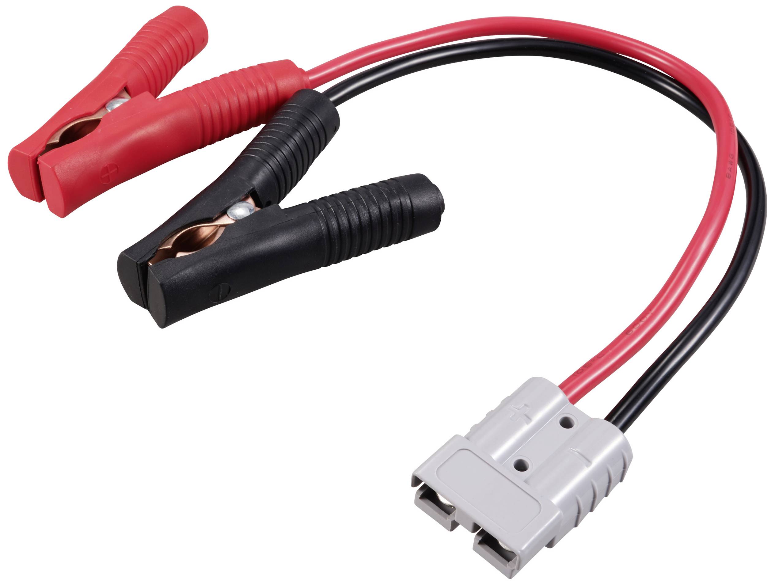 Deux câbles de démarrage avec des pinces rouges et noires, raccordés à un connecteur gris.