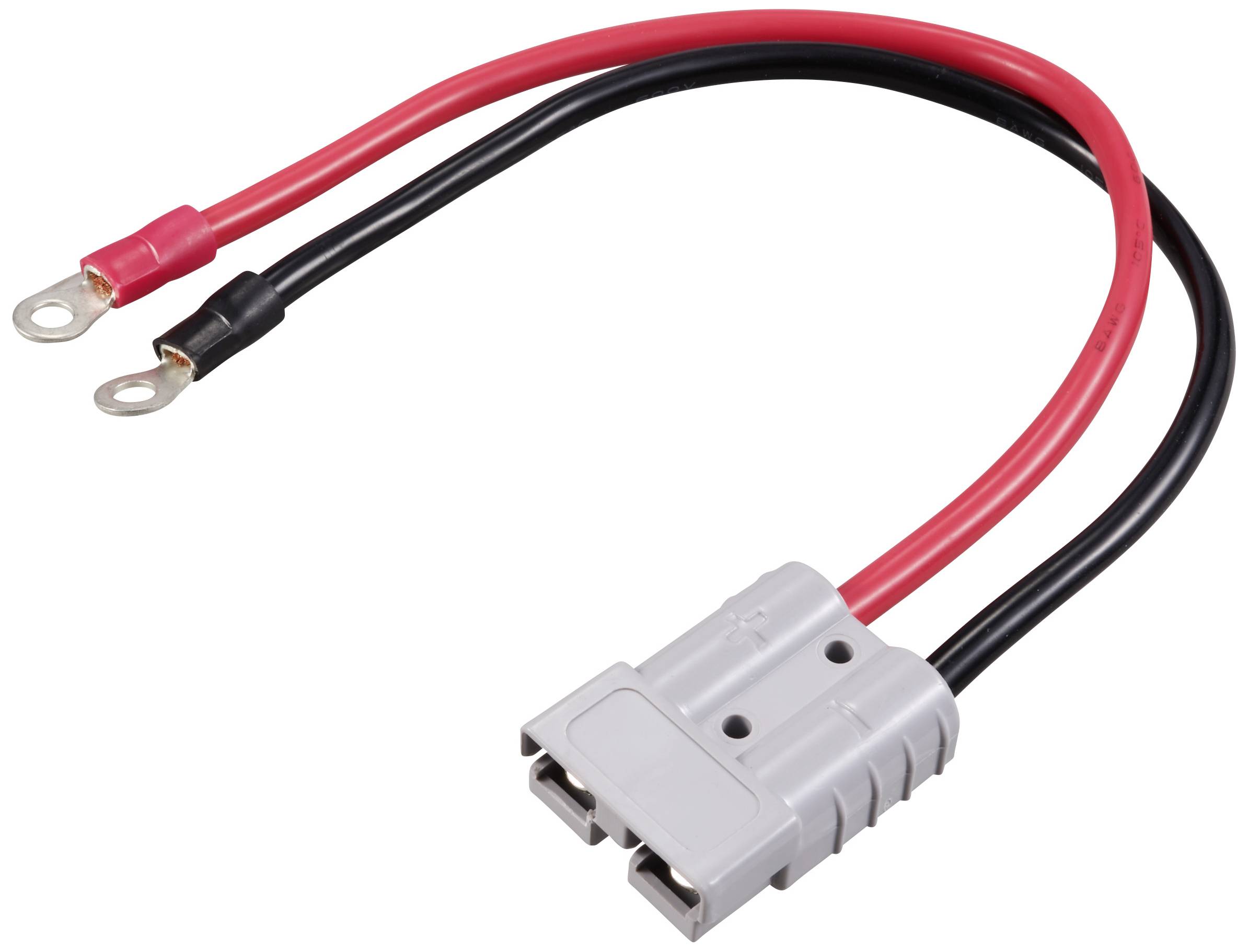 Câble de connexion de batterie gris avec un fil rouge et un fil noir, chacun équipé d'un cosses à œillet.