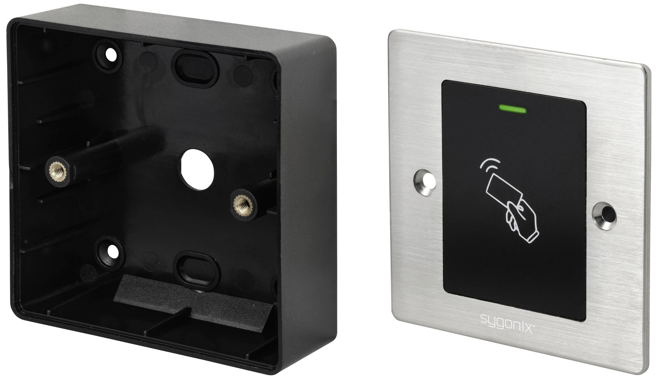 Commutateur avec panneau de commande noir pour l'activation de cartes. Boîtier gauche vide. Utilisé pour le contrôle d'accès ou les systèmes de sécurité.