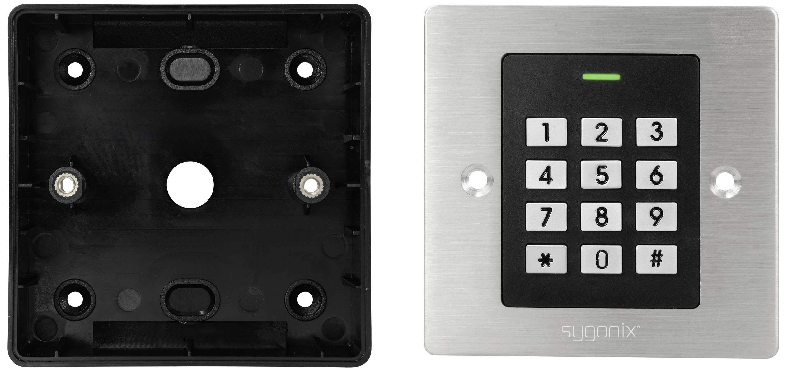 Clavier de code d'accès de porte en argent avec des numéros de 0 à 9 et les symboles '*' et '#'. À côté, un cadre de montage noir.