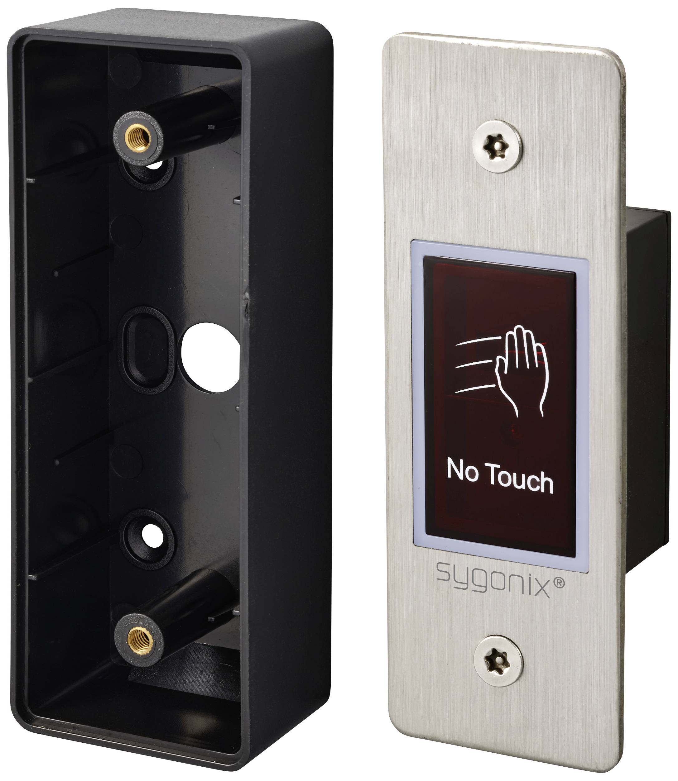 Interrupteur sans contact de sygonix avec plaque en acier inoxydable. Affiche un symbole de main au-dessus d'un champ de capteur portant l'inscription 'No Touch'.