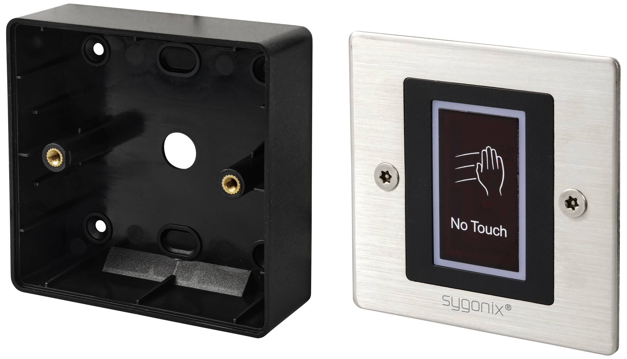 Interrupteur sans contact avec boîtier, portant l'inscription 'No Touch'. Idéal pour les zones nécessitant une haute sensibilité hygiénique.