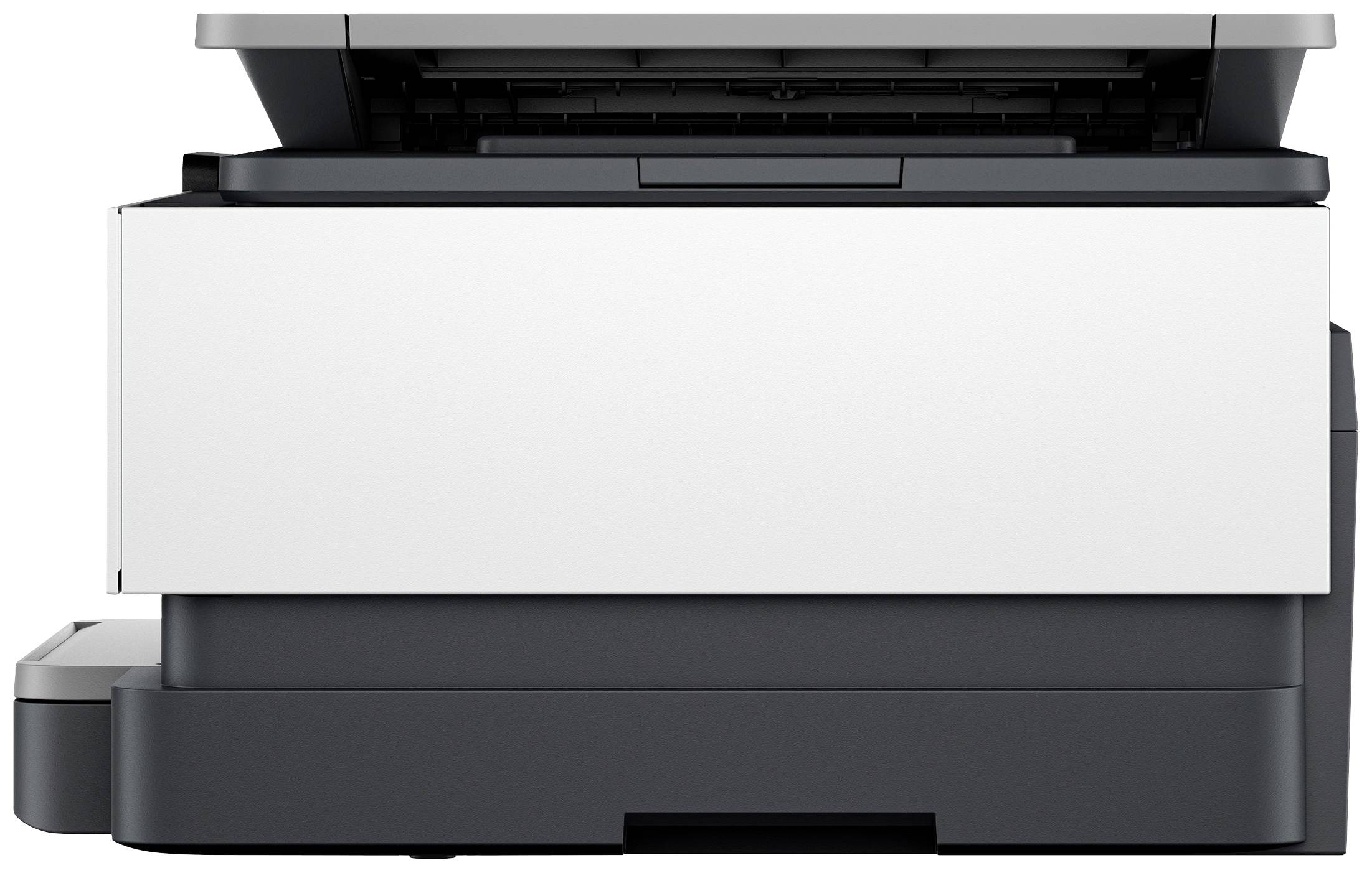 Imprimante en vue latérale, prête à recevoir des documents. Comprend un bac à papier, un scanner à ouverture supérieure et un panneau de commande.