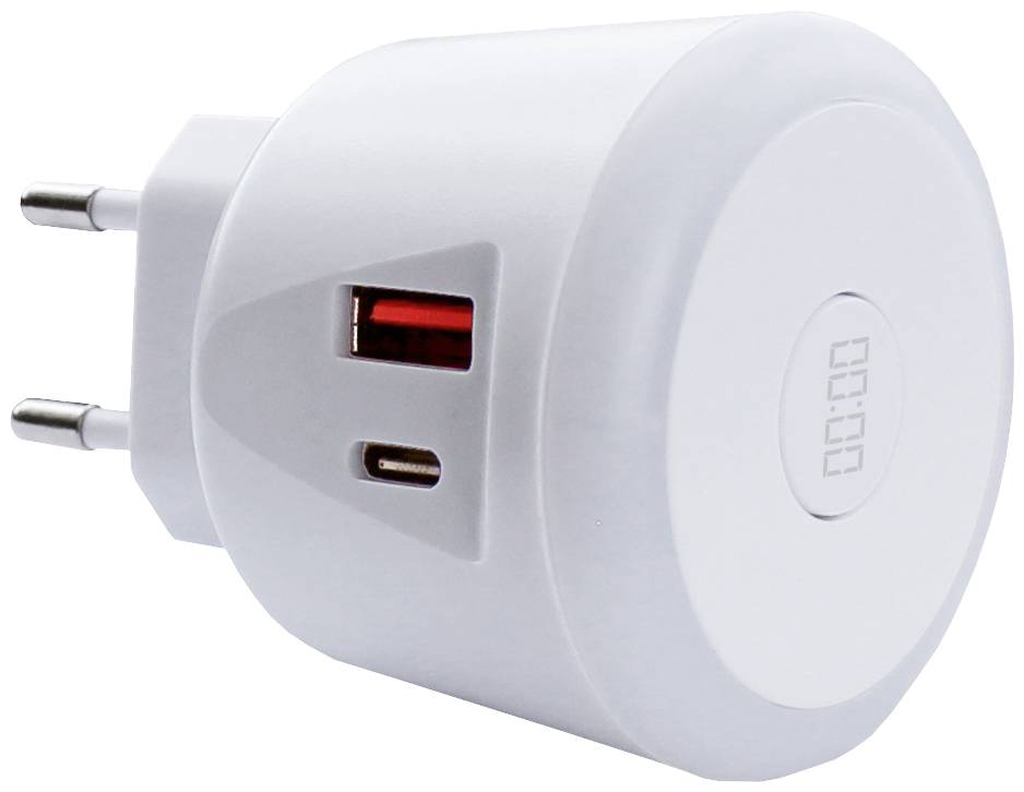 EcoSavers USB Timer Charger Chargeur USB 20 W 1x USB-A, 1x USB-C® blanc intérieure